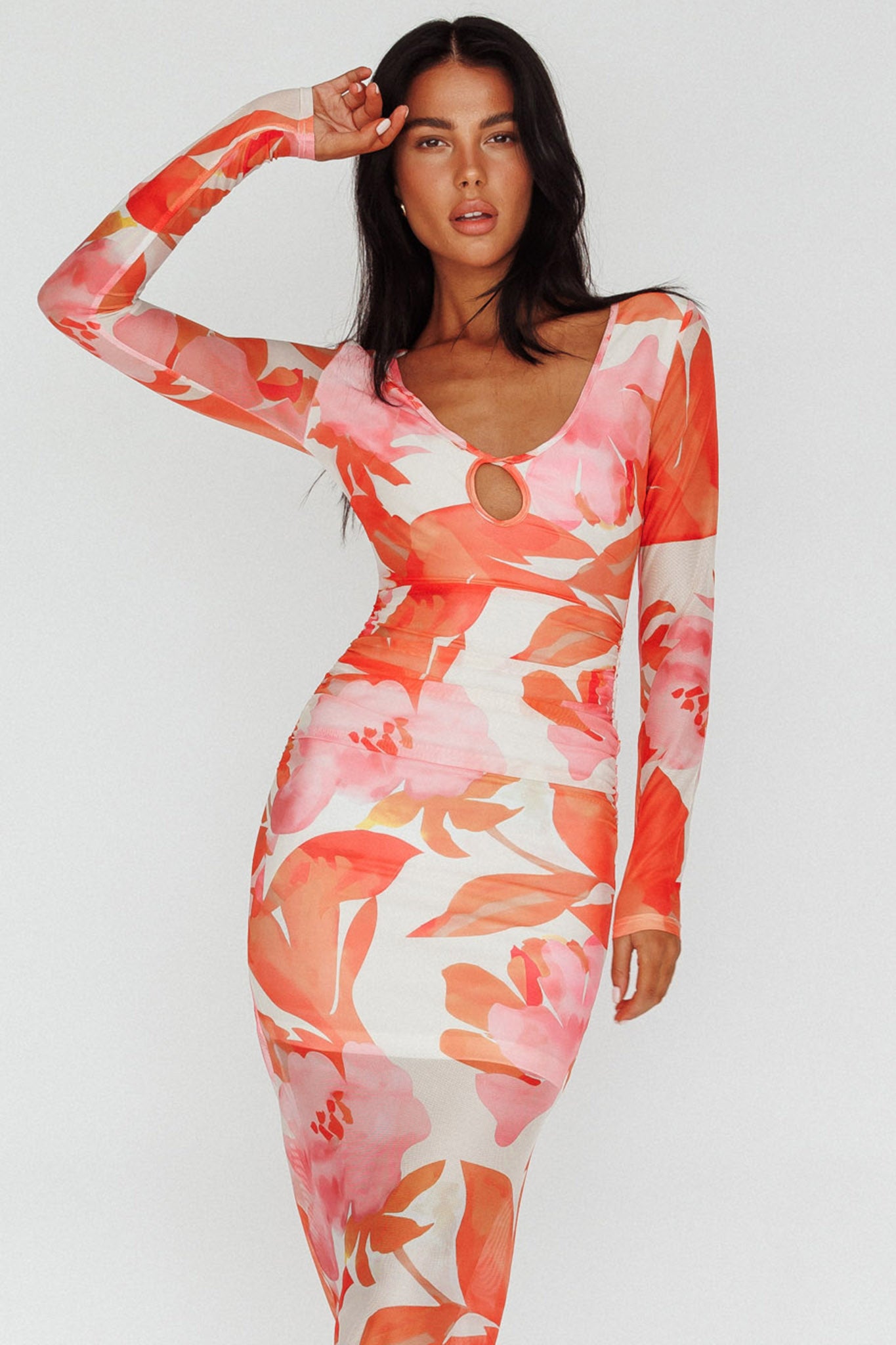 long sleeve floral mesh dress Chardae Midi Pink Long sleeves frame a Uscallm Women's Summer Off SWATCH_7121__IVORY_CHAMPAGNE Color:White Red Flower