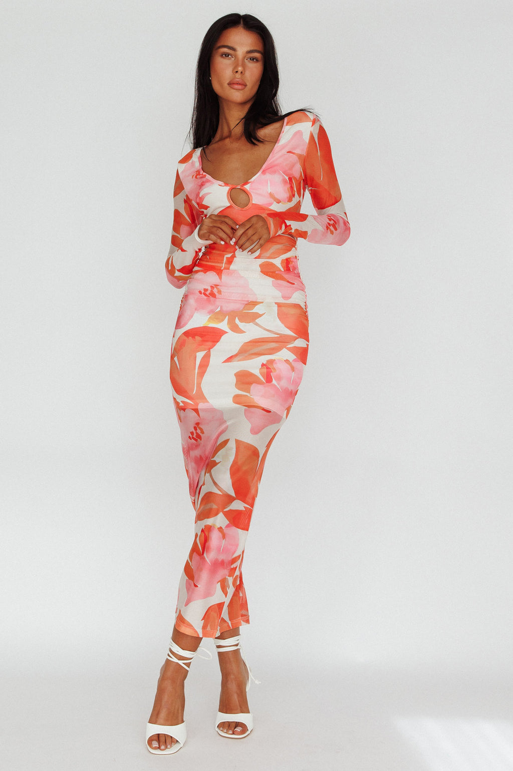 Chardae Long Sleeve Mesh Midi Dress Floral Pink by Selfie Leslie