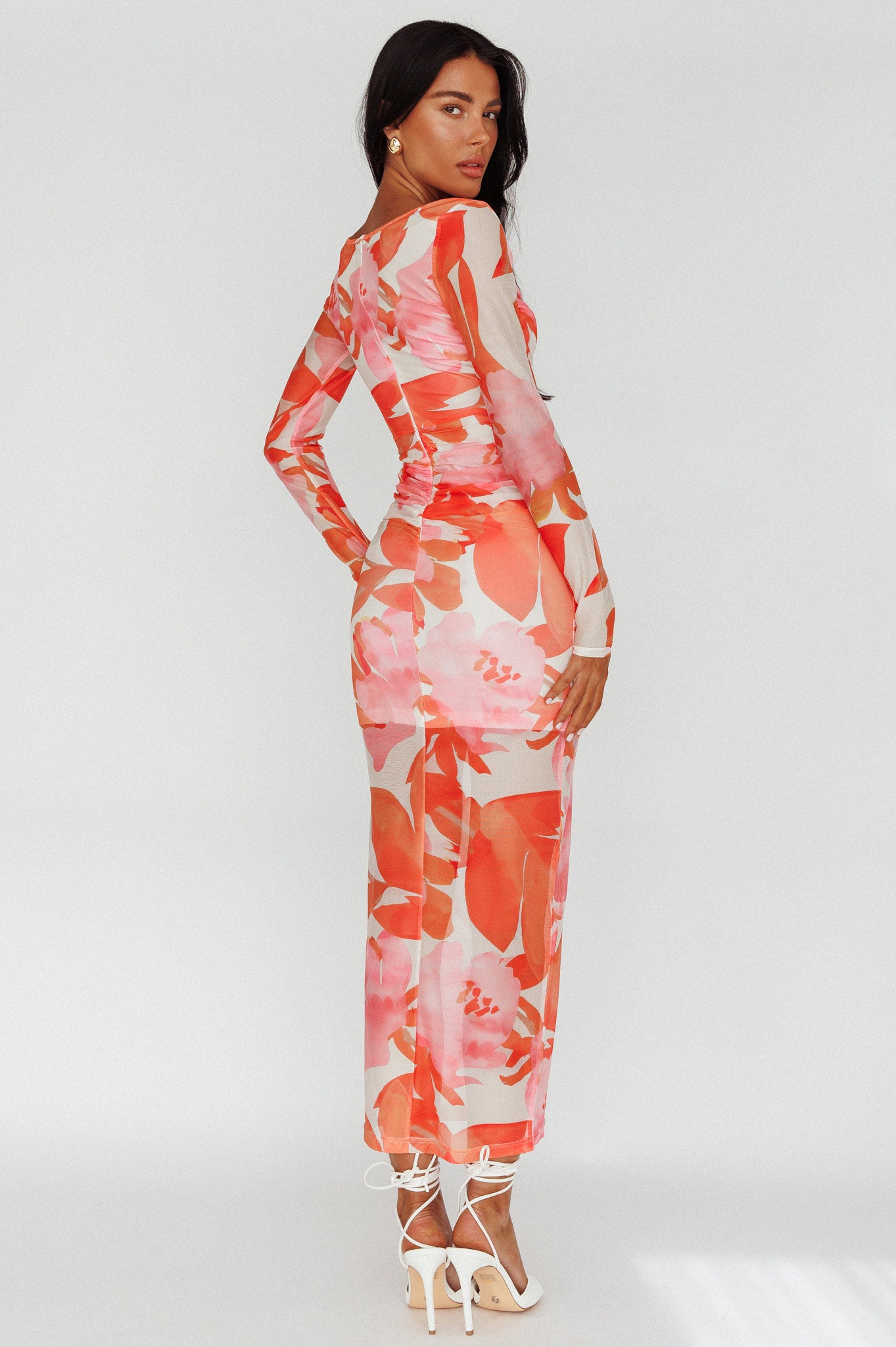 strapless open back dress Chardae Long Sleeve Mesh Midi Dress Floral Pink