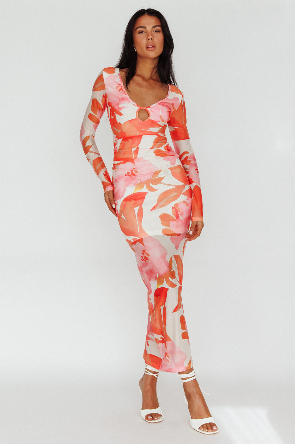 Chardae Long Sleeve Mesh Midi Dress Floral Pink by Selfie Leslie