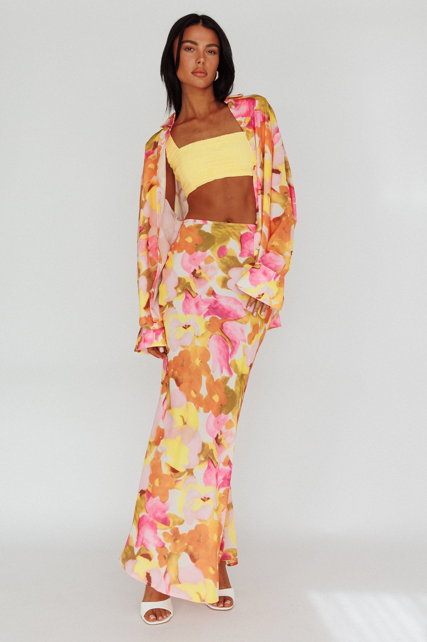 Vacation Midi Skirt Floral Pink/Yellow by Selfie Leslie