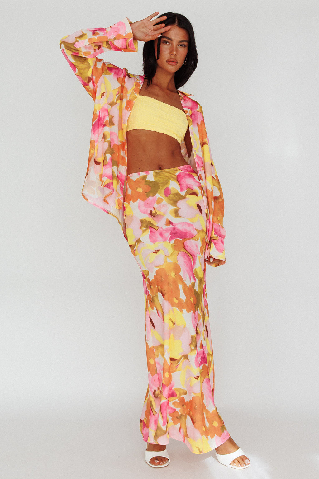 Vacation Midi Skirt Floral Pink/Yellow by Selfie Leslie