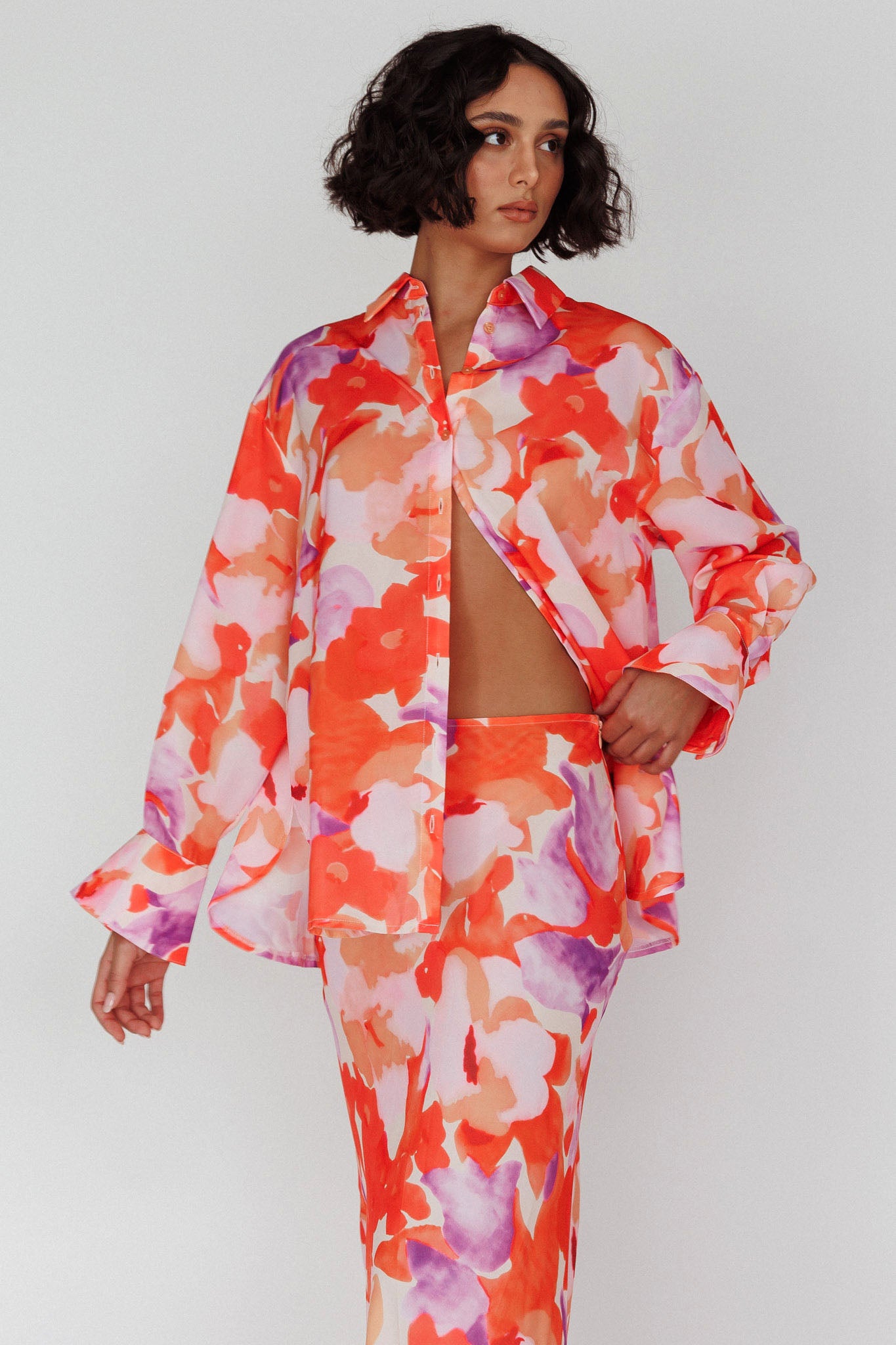 Vacation Long Sleeve Flared Cuff Shirt Orange/Purple by Selfie Leslie