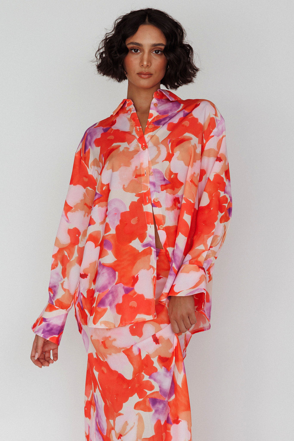 Vacation Long Sleeve Flared Cuff Shirt Orange/Purple by Selfie Leslie