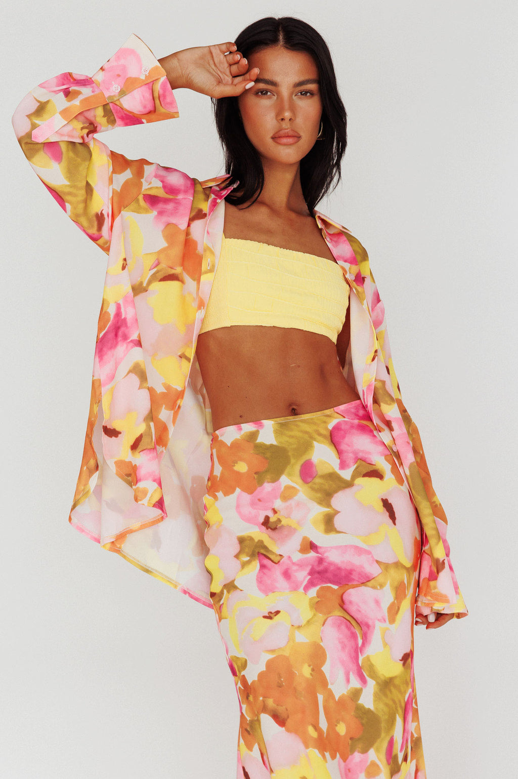 Vacation Long Sleeve Flared Cuff Shirt Pink/Yellow by Selfie Leslie