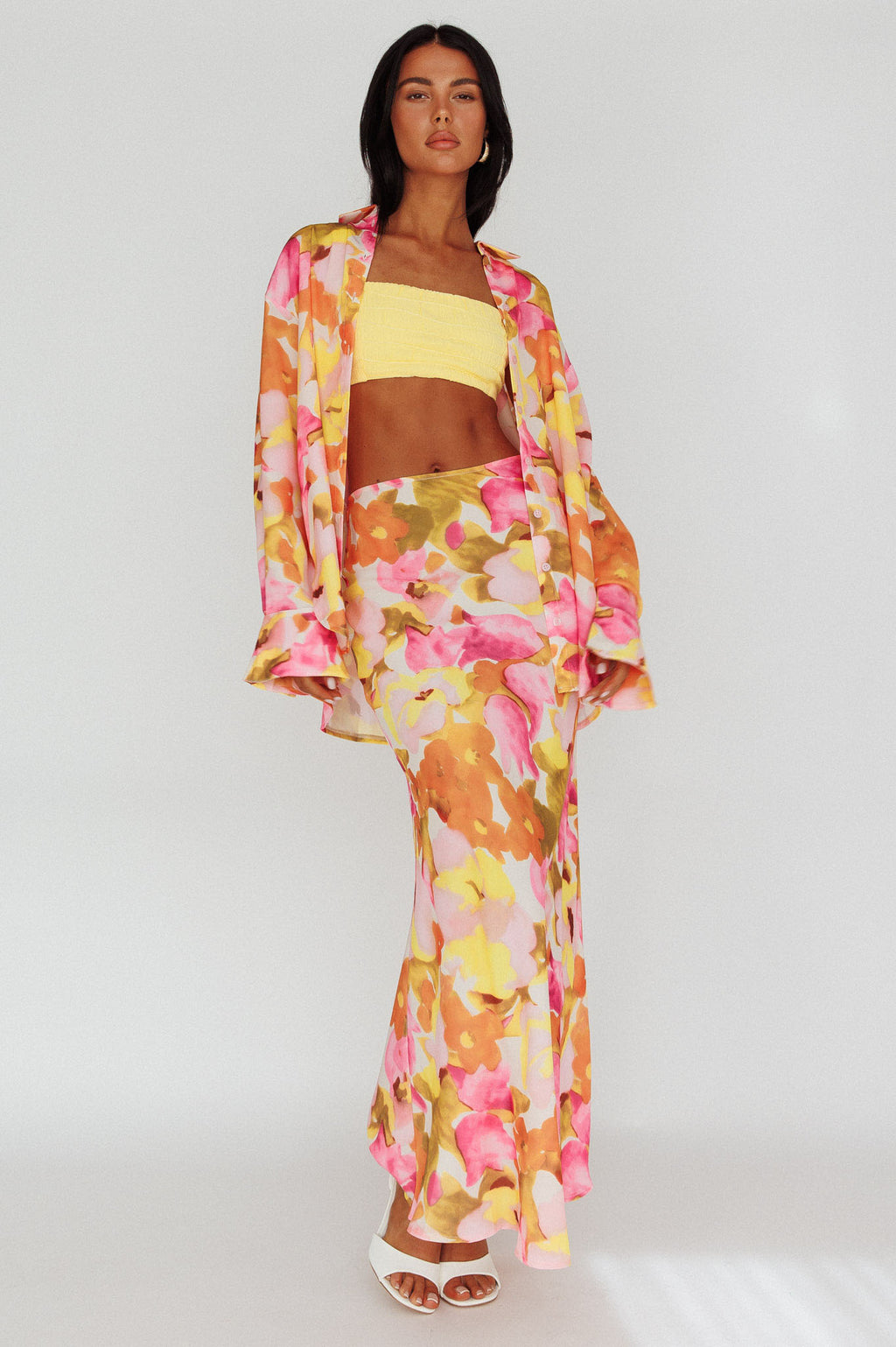 Vacation Long Sleeve Flared Cuff Shirt Pink/Yellow by Selfie Leslie