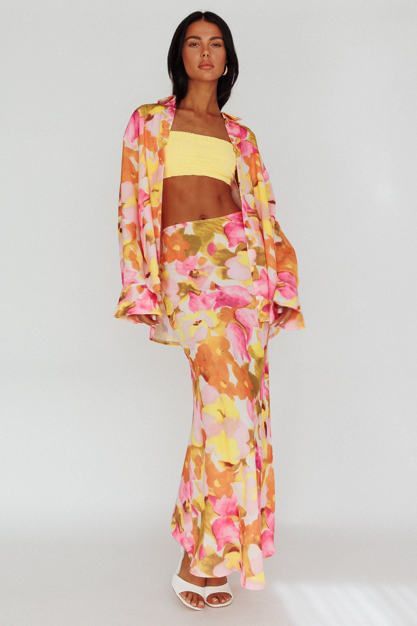 Vacation Long Sleeve Flared Cuff Shirt Pink/Yellow by Selfie Leslie