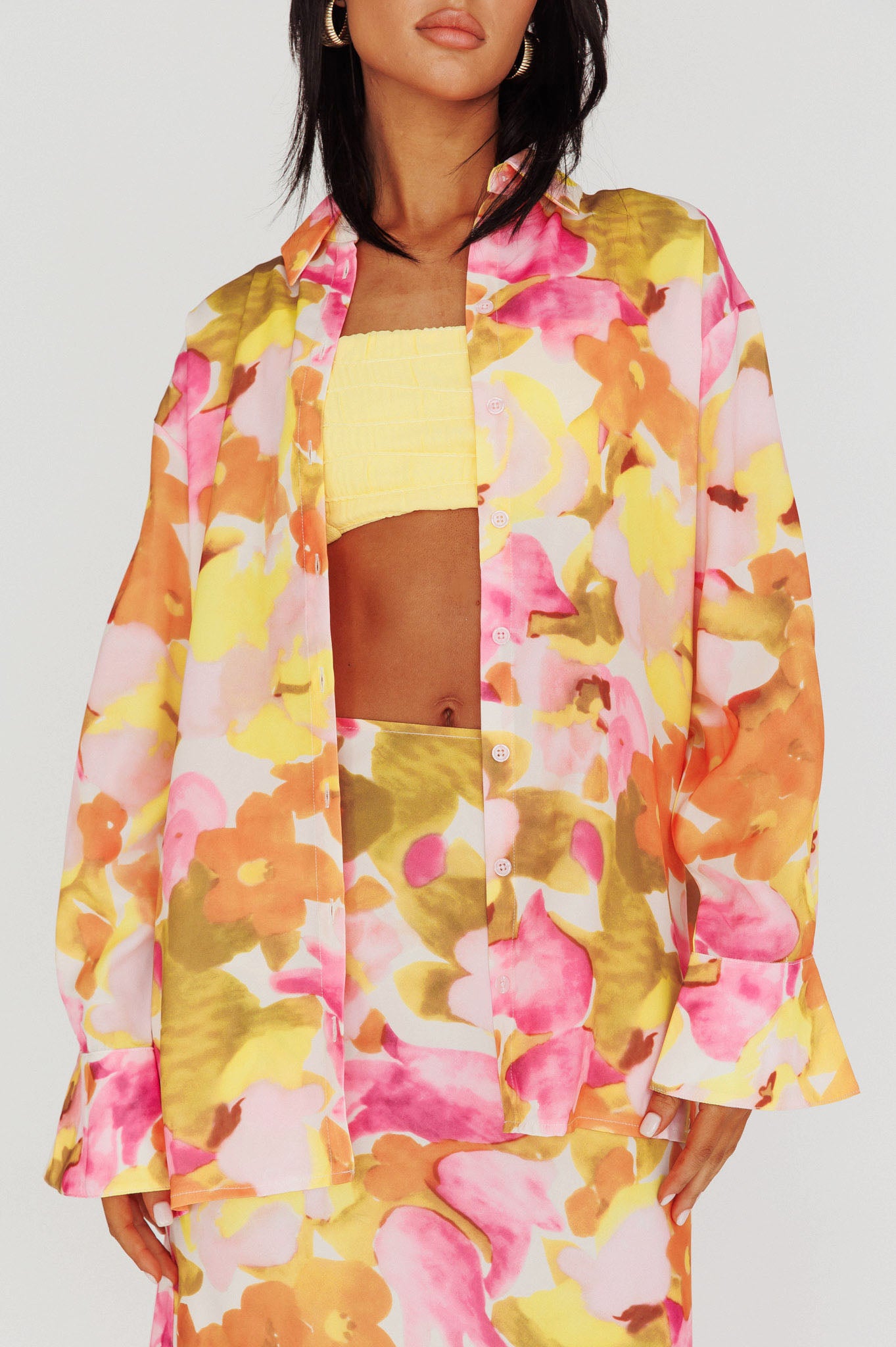 Vacation Long Sleeve Flared Cuff Shirt Pink/Yellow by Selfie Leslie
