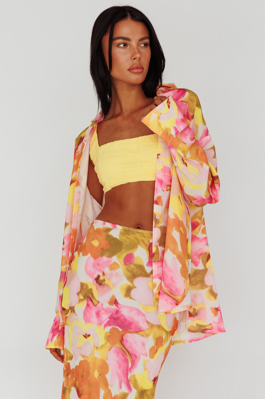 Vacation Long Sleeve Flared Cuff Shirt Pink/Yellow by Selfie Leslie