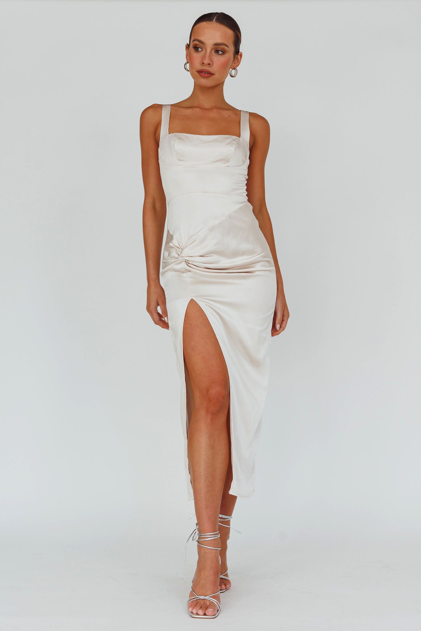 Kristin Knotted Waist Split Midi Dress Champagne by Selfie Leslie