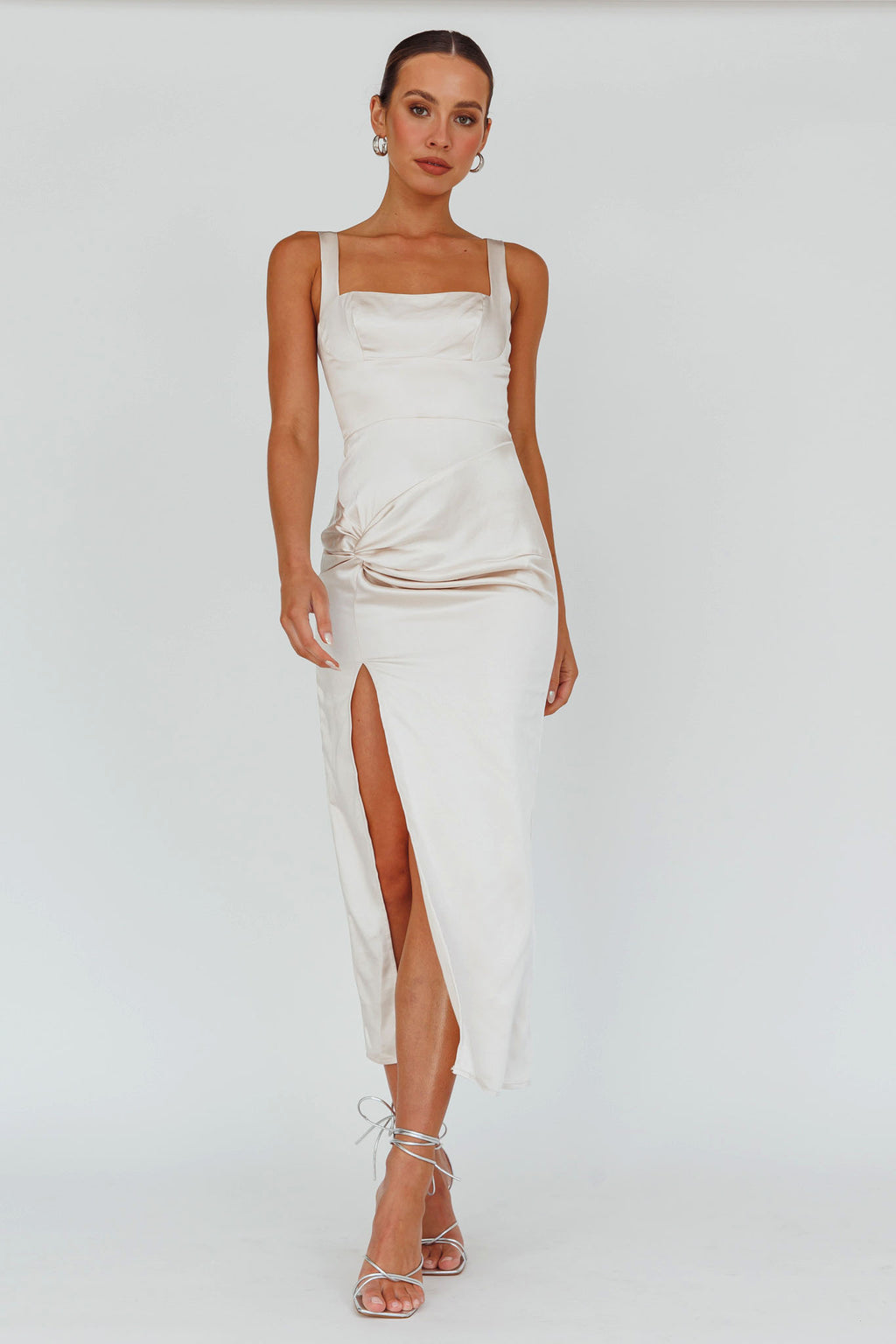 Kristin Knotted Waist Split Midi Dress Champagne by Selfie Leslie