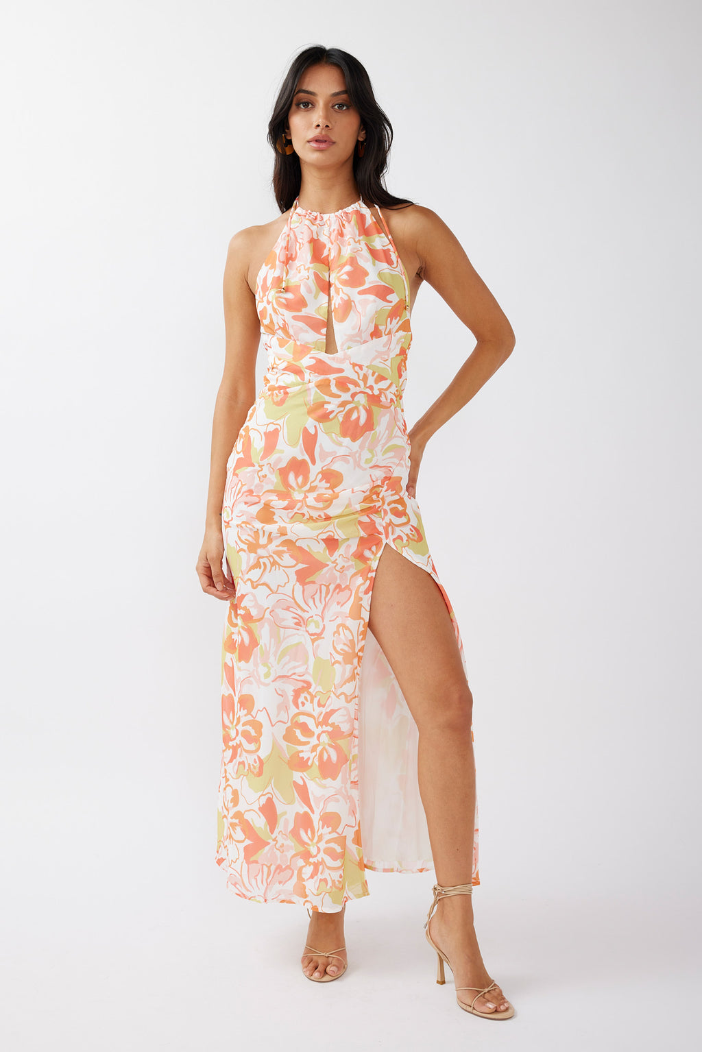 Nirvana Halterneck Split Midi Dress Floral Orange by Selfie Leslie