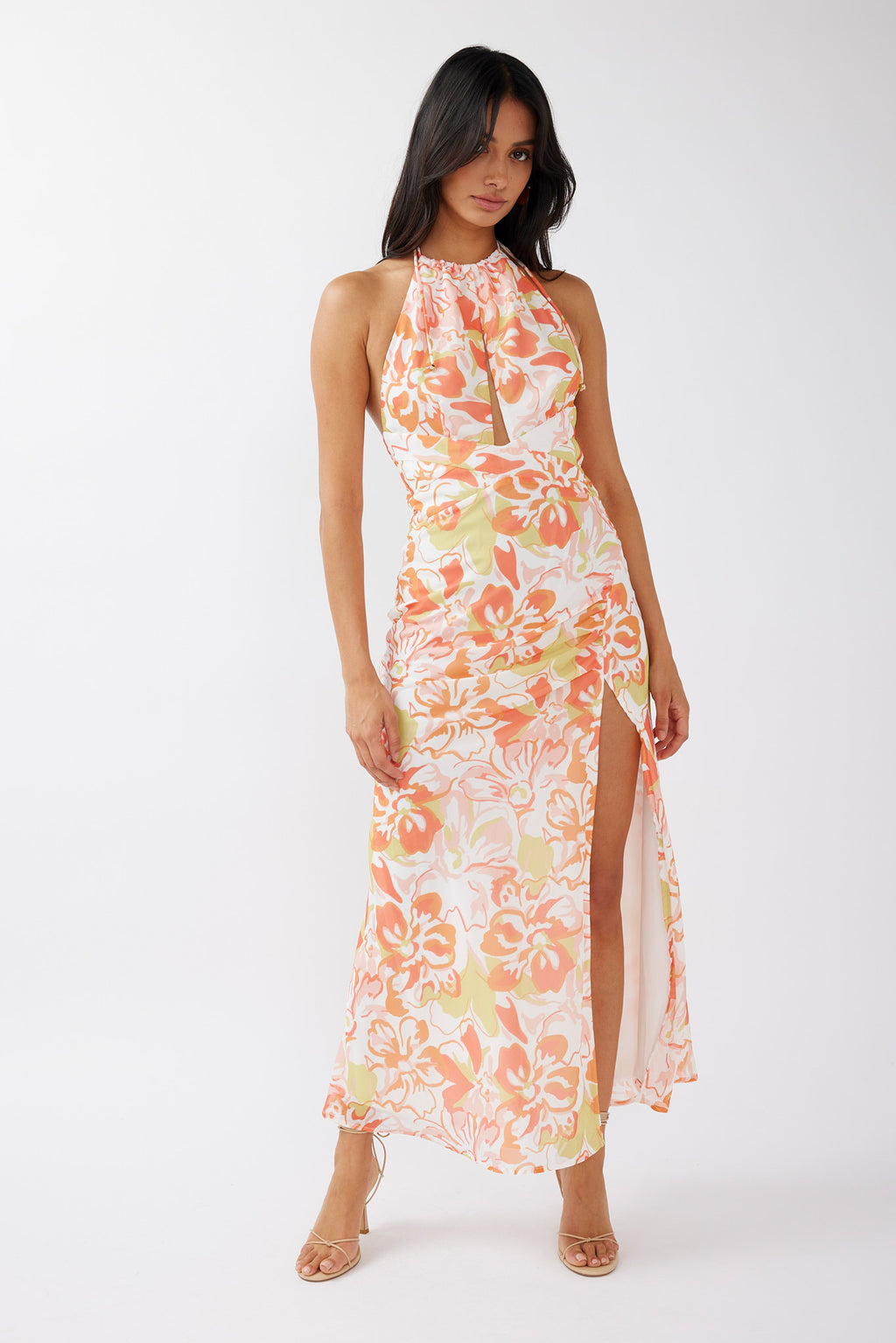 Nirvana Halterneck Split Midi Dress Floral Orange by Selfie Leslie