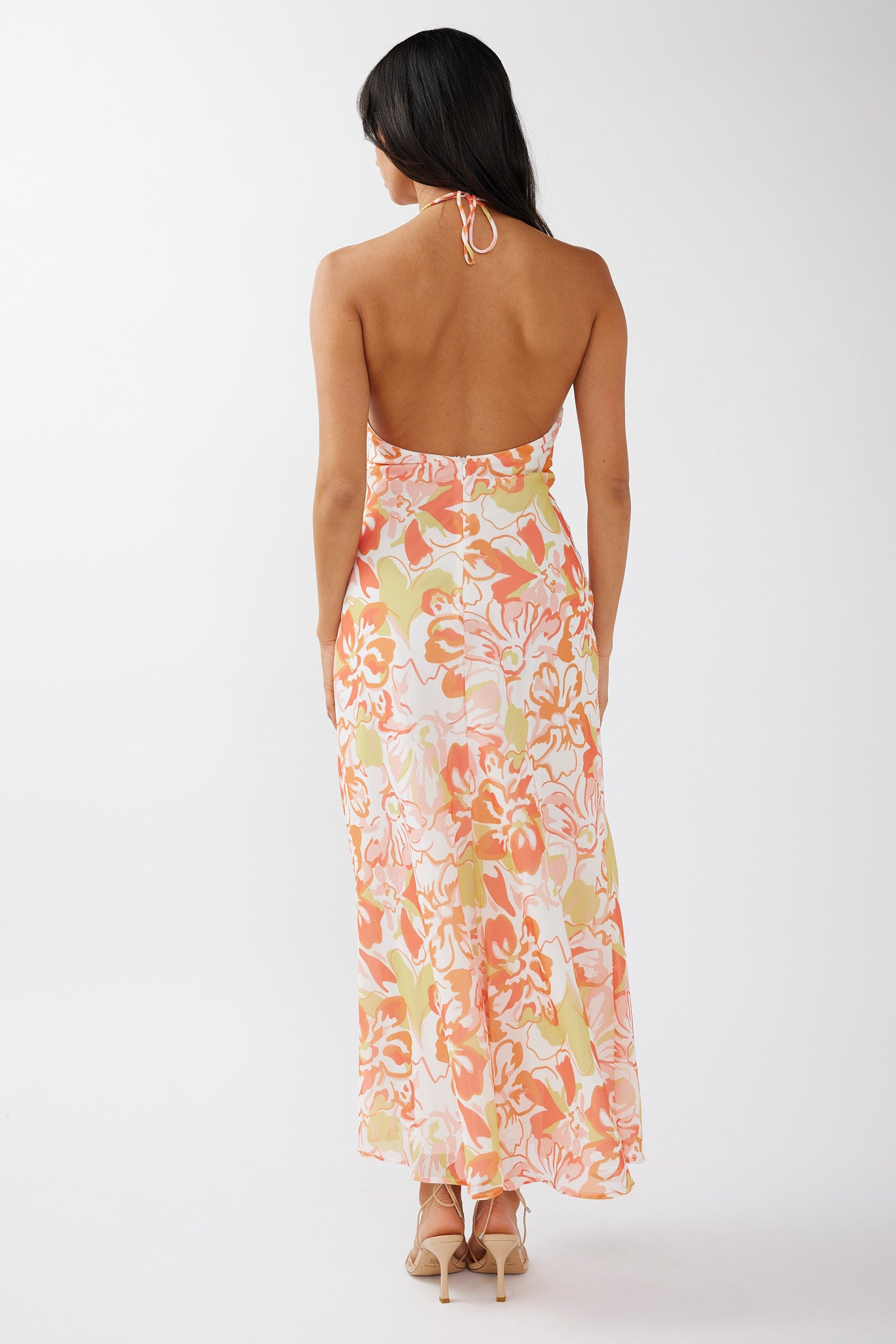 Nirvana Halterneck Split Midi Dress Floral Orange by Selfie Leslie