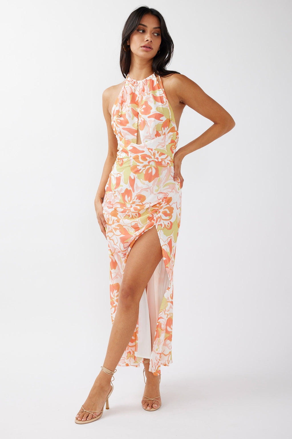 Nirvana Halterneck Split Midi Dress Floral Orange by Selfie Leslie