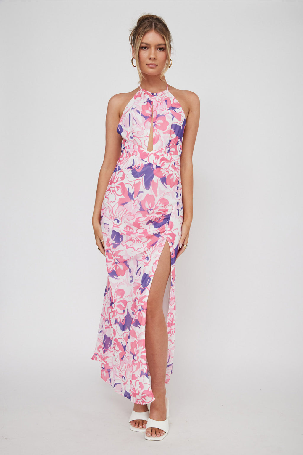 Nirvana Halterneck Split Midi Dress Floral Pink by Selfie Leslie