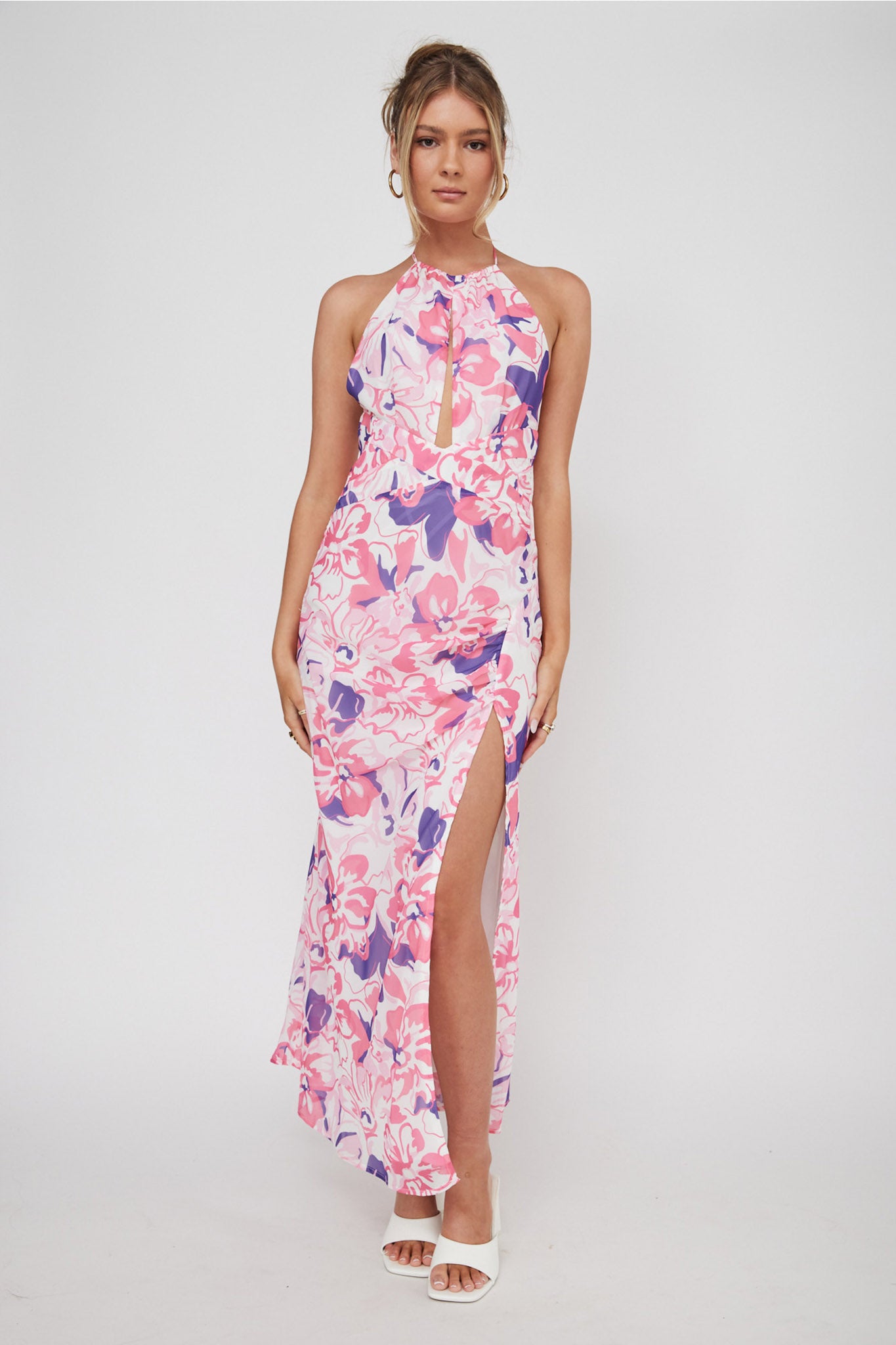 Nirvana Halterneck Split Midi Dress Floral Pink by Selfie Leslie