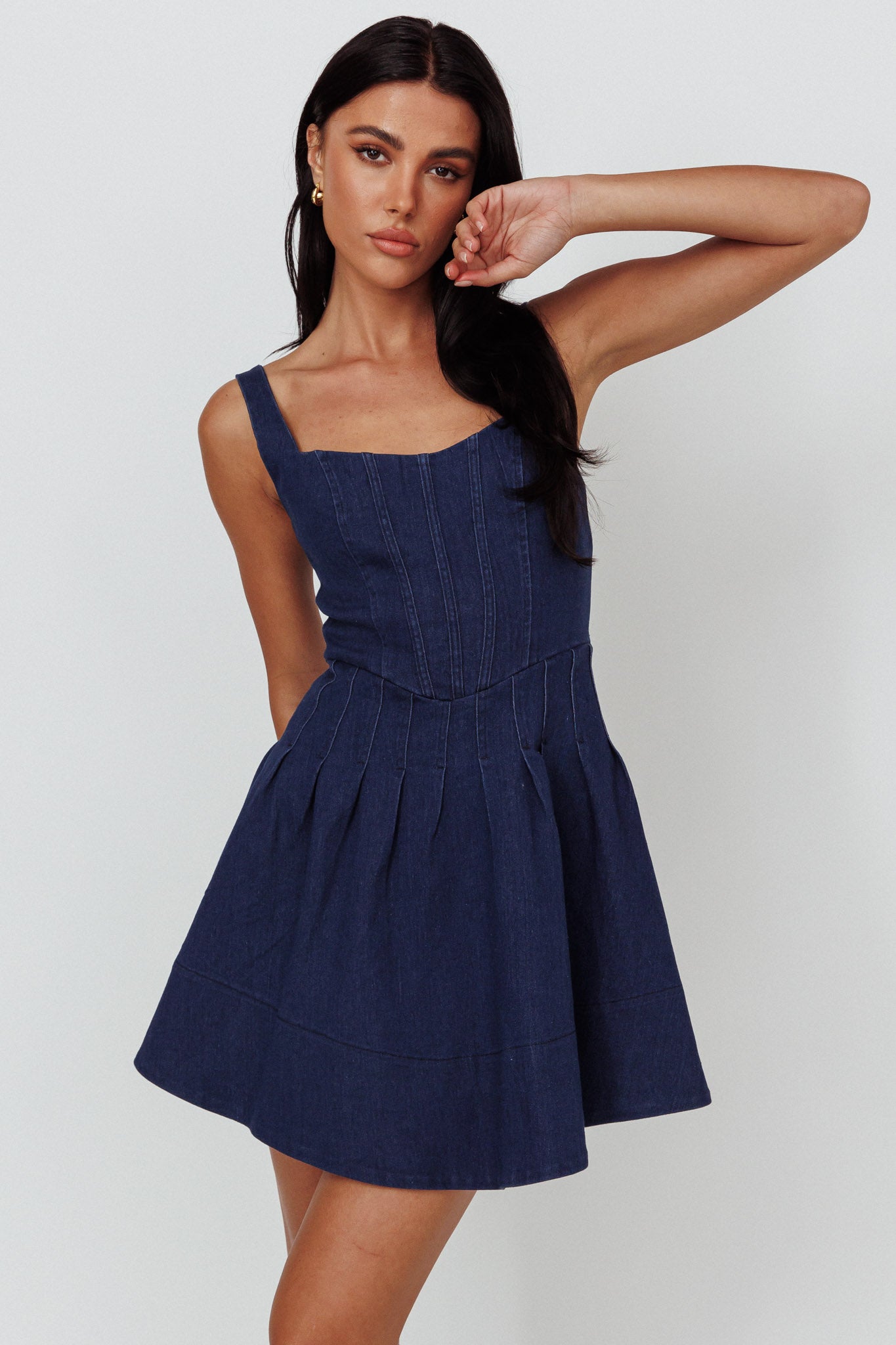 Talisa Pintuck Pleat Waist Mini Skirt Dark Blue by Selfie Leslie