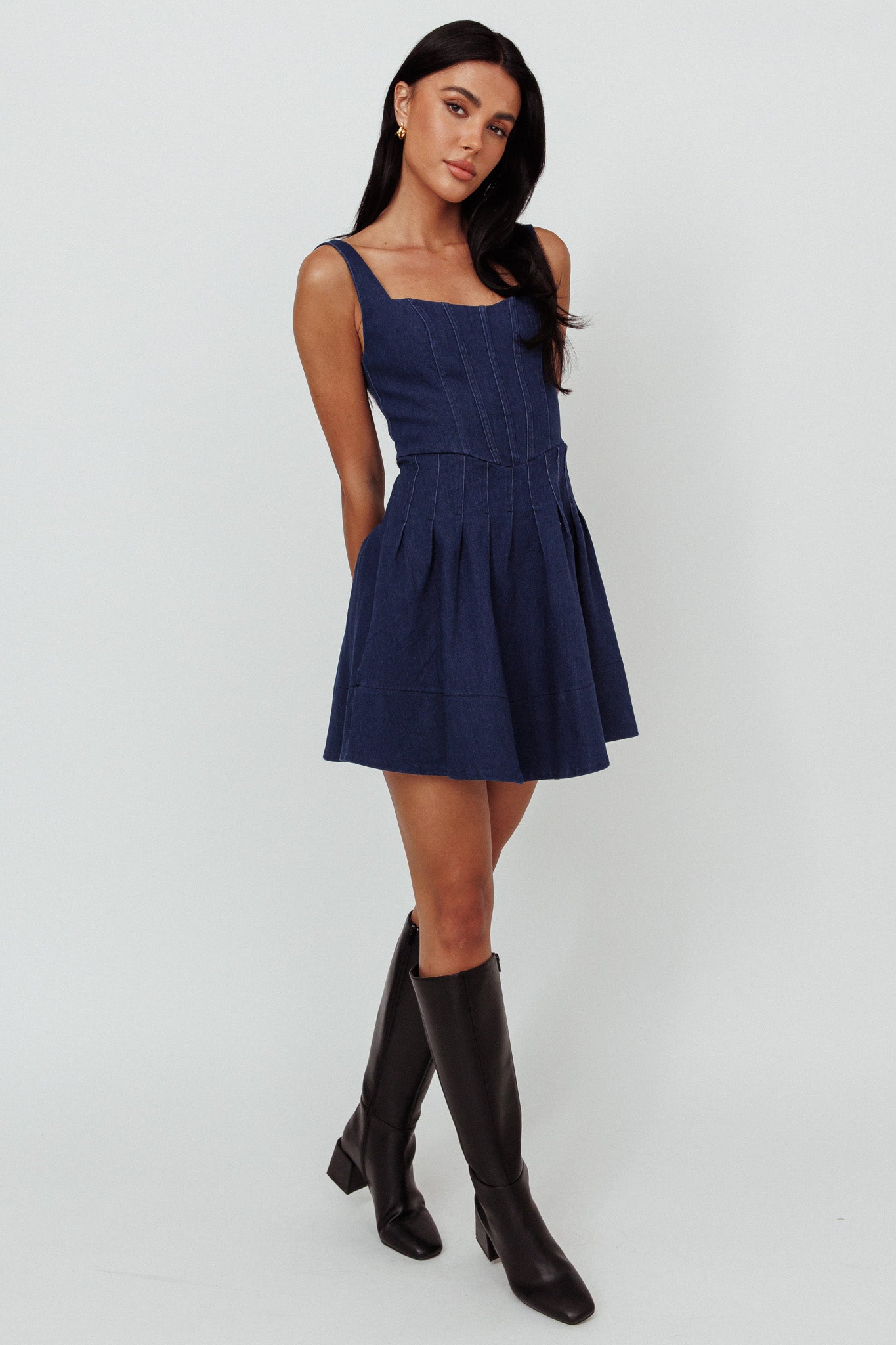 Talisa Pintuck Pleat Waist Mini Skirt Dark Blue by Selfie Leslie