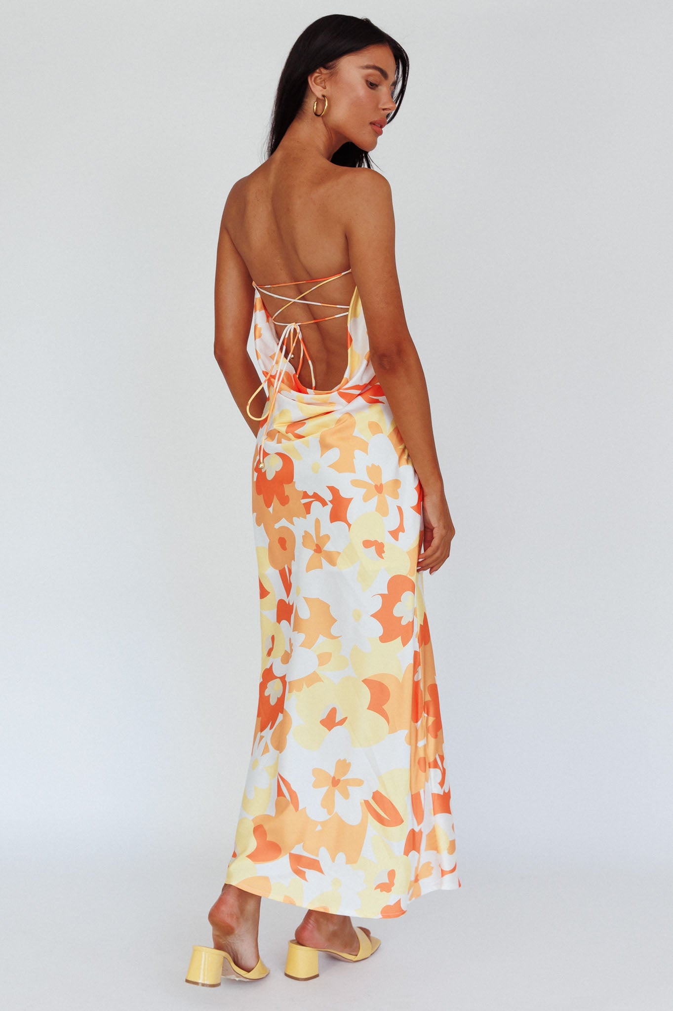 Latisha Strappy Cowl Back Midi Dress Floral Orange by Selfie Leslie