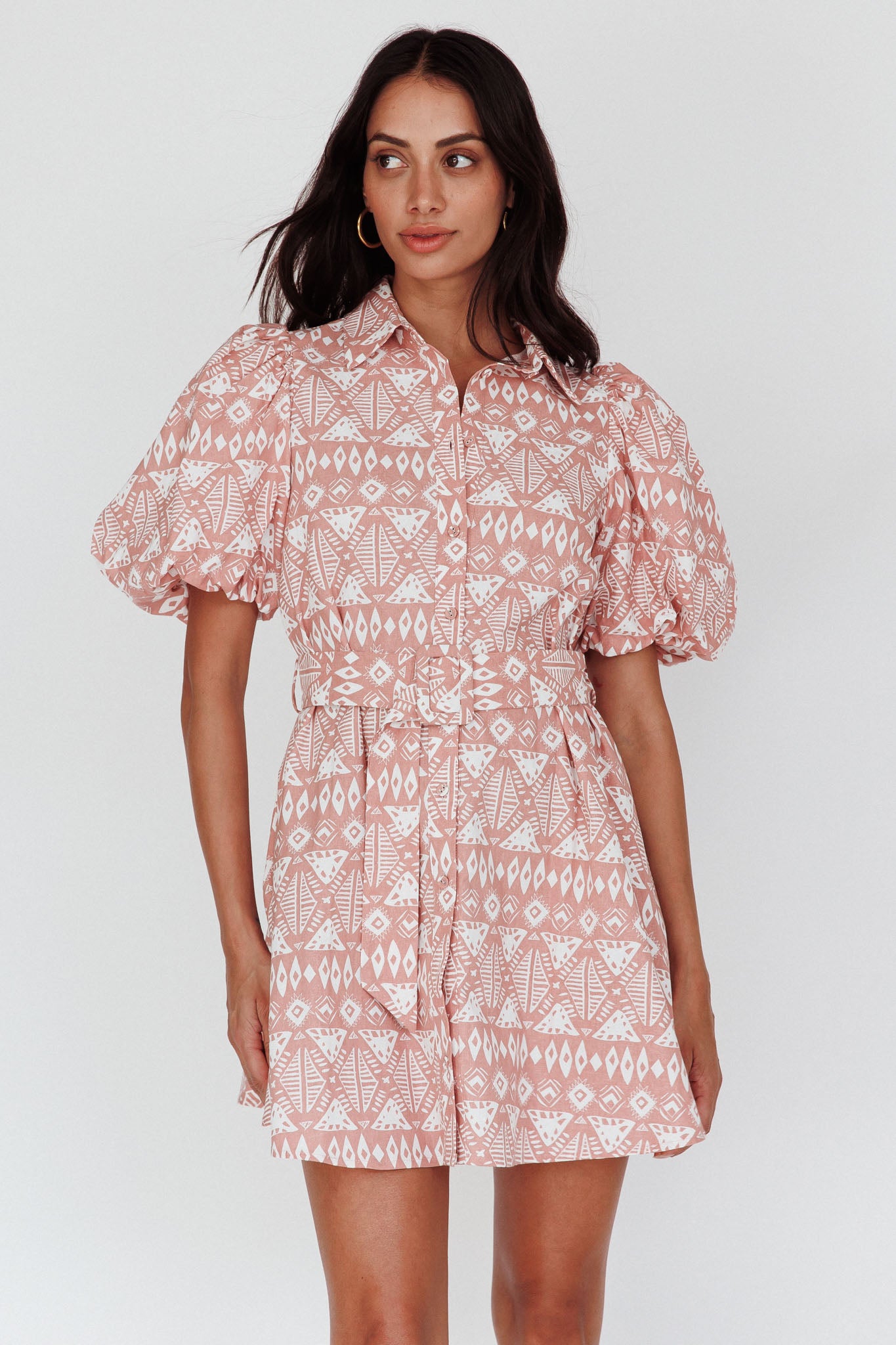 Nanette Puff Sleeve Belted Mini Dress Print Rose by Selfie Leslie