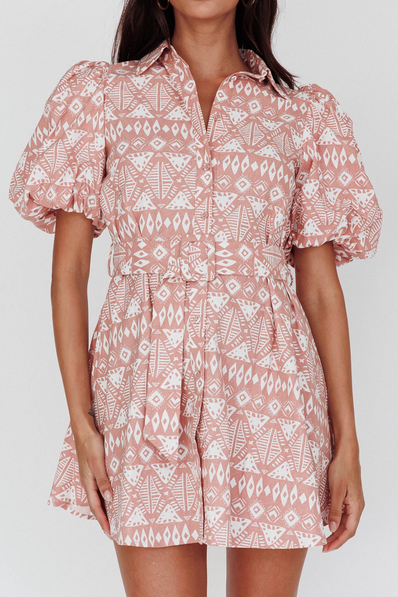 Nanette Puff Sleeve Belted Mini Dress Print Rose by Selfie Leslie