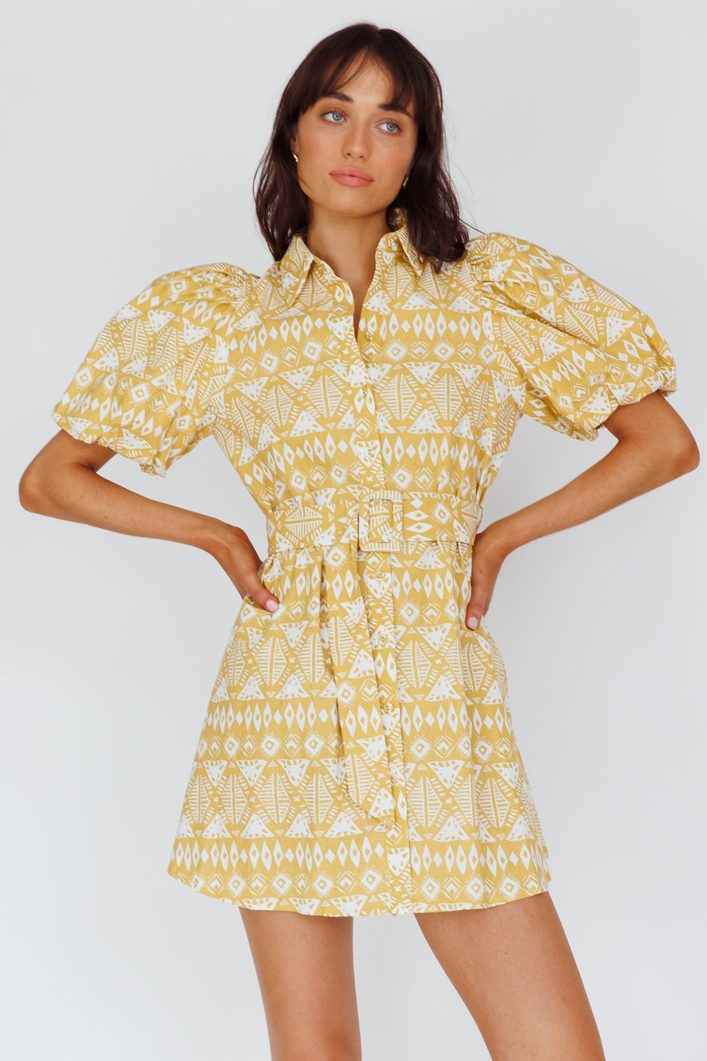 Nanette Puff Sleeve Belted Mini Dress Print Yellow by Selfie Leslie