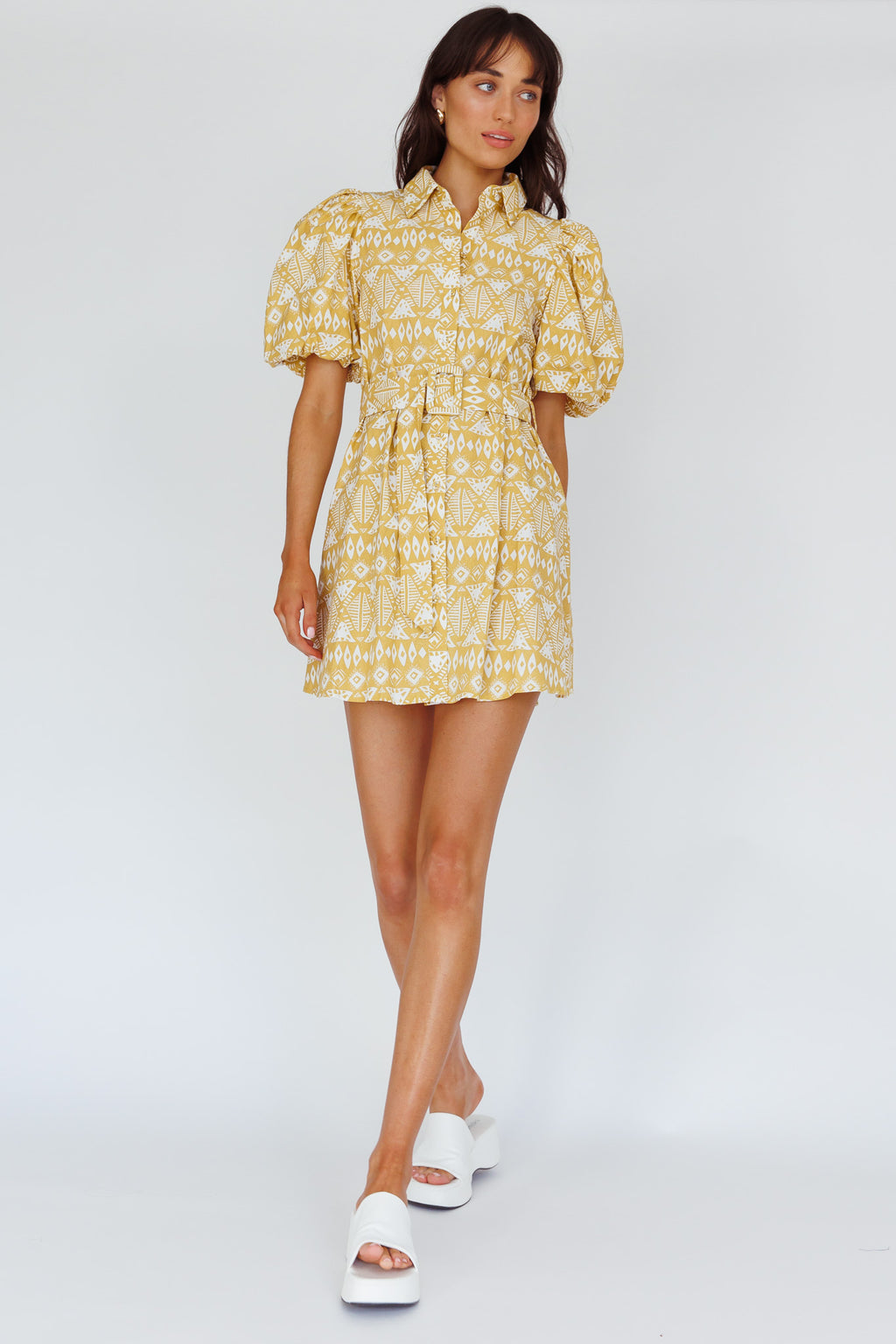 Nanette Puff Sleeve Belted Mini Dress Print Yellow by Selfie Leslie