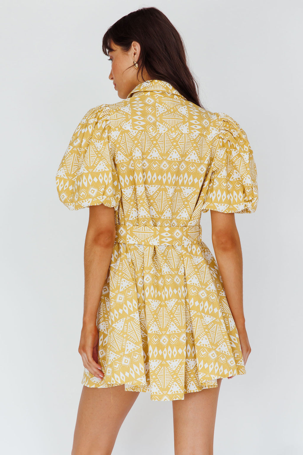 Nanette Puff Sleeve Belted Mini Dress Print Yellow by Selfie Leslie