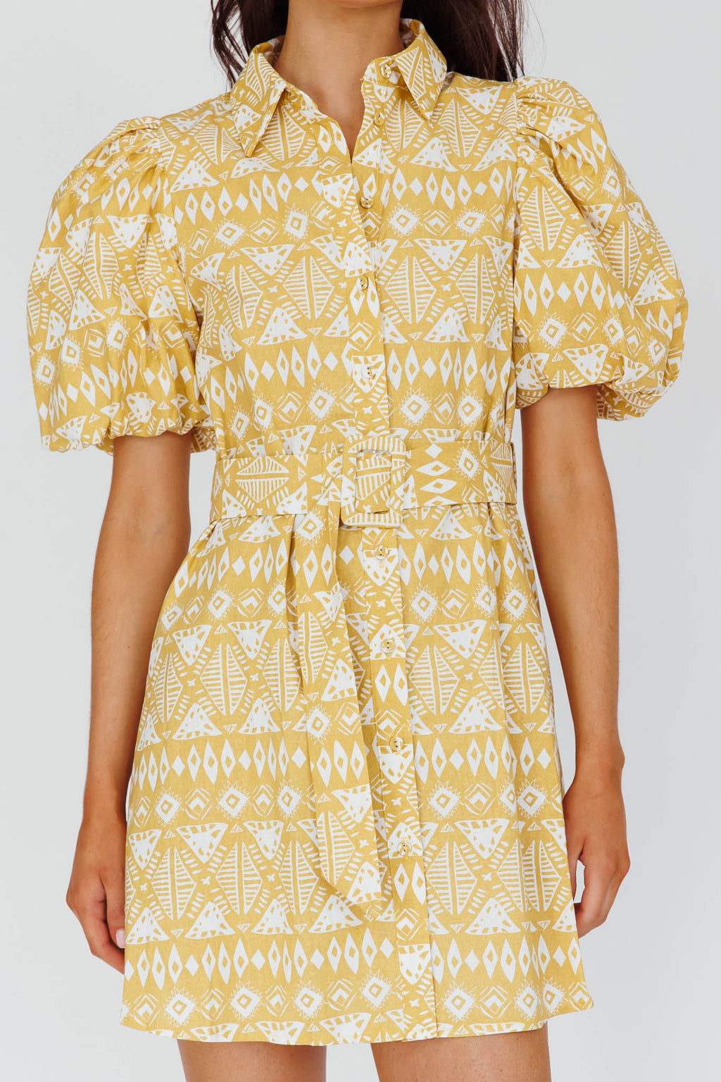 Nanette Puff Sleeve Belted Mini Dress Print Yellow by Selfie Leslie
