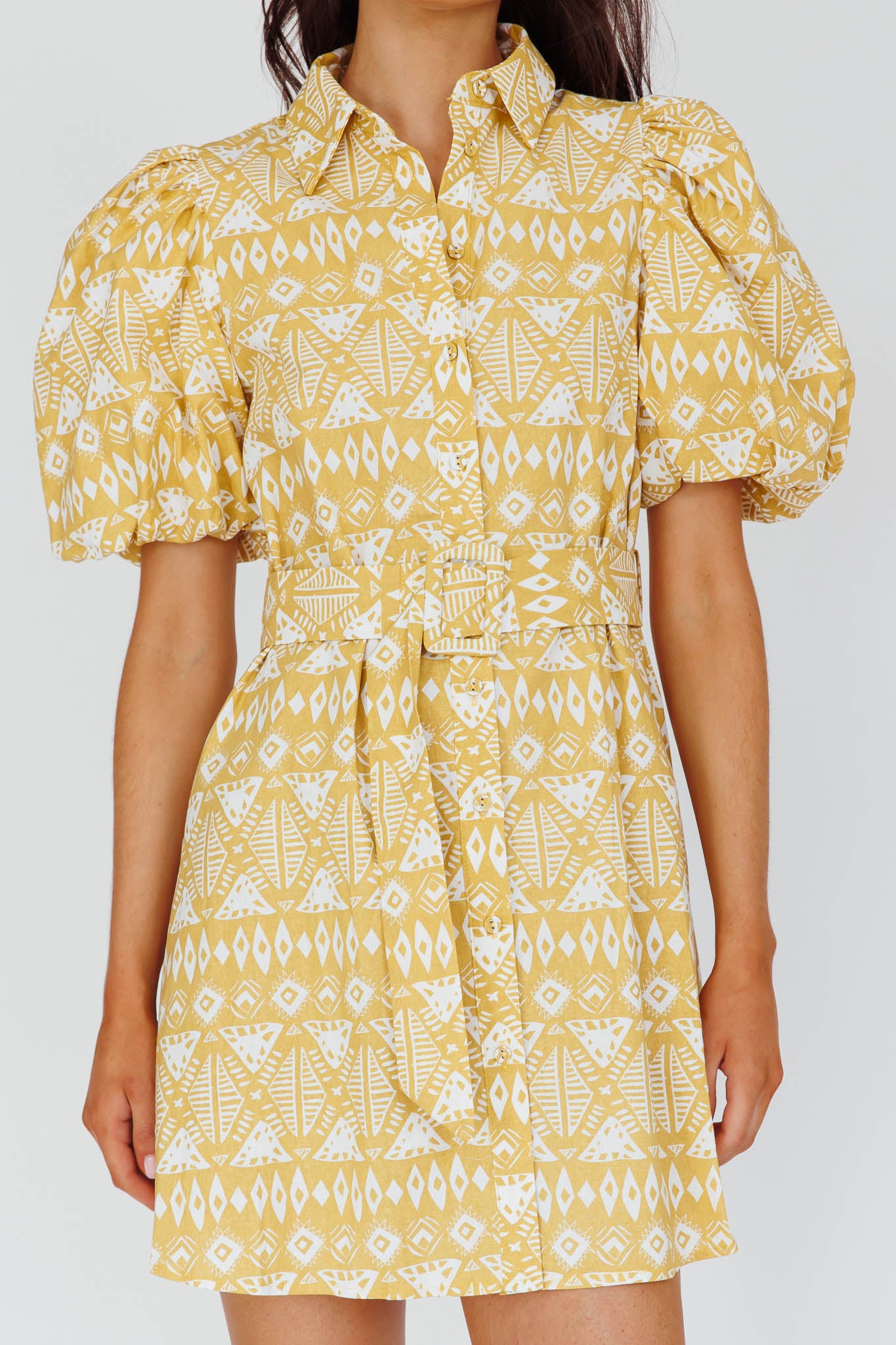 Nanette Puff Sleeve Belted Mini Dress Print Yellow by Selfie Leslie