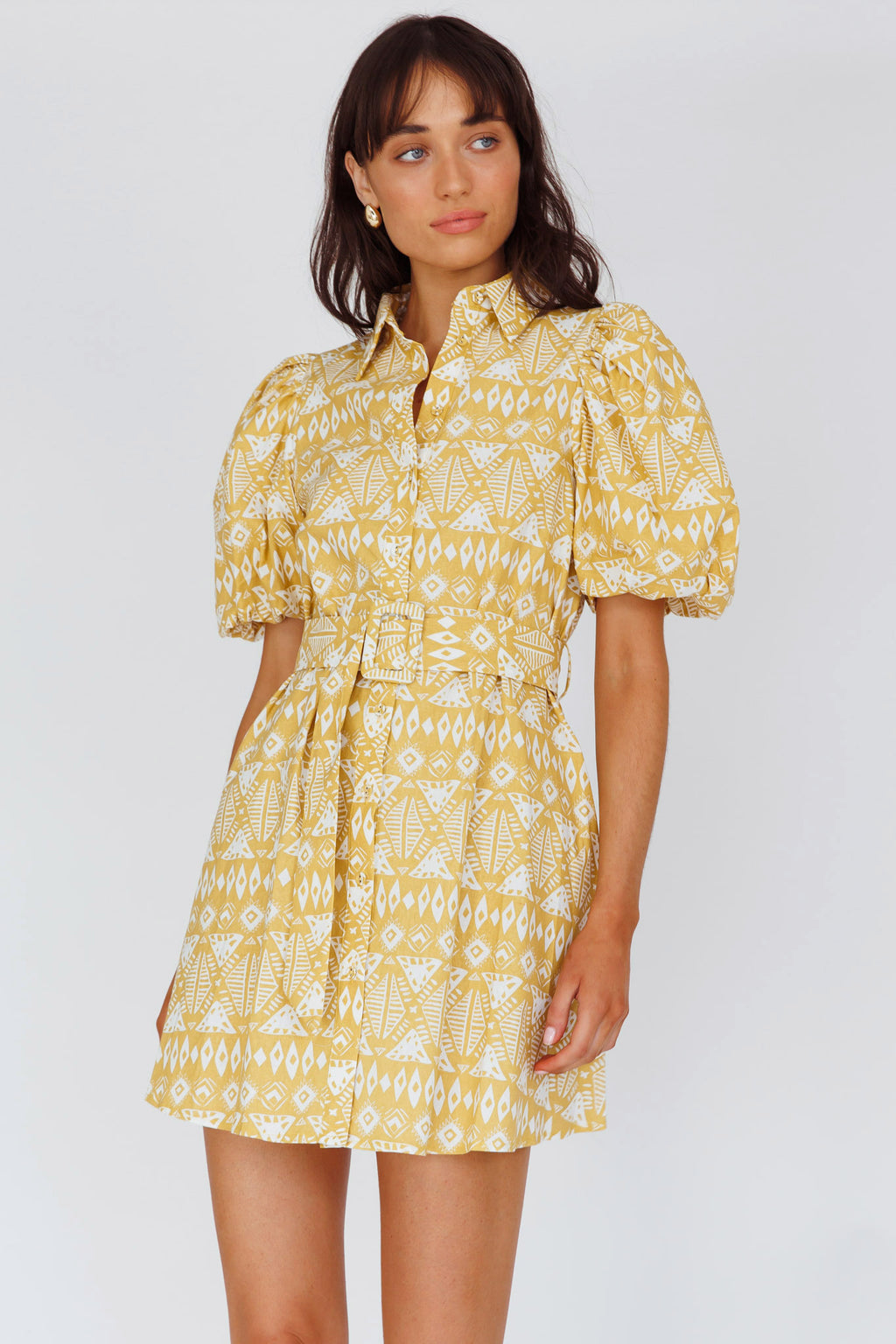 Nanette Puff Sleeve Belted Mini Dress Print Yellow by Selfie Leslie