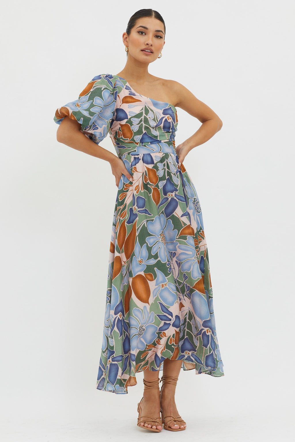 Jayni Puffed One Shoulder Midi Dress Blue by Selfie Leslie