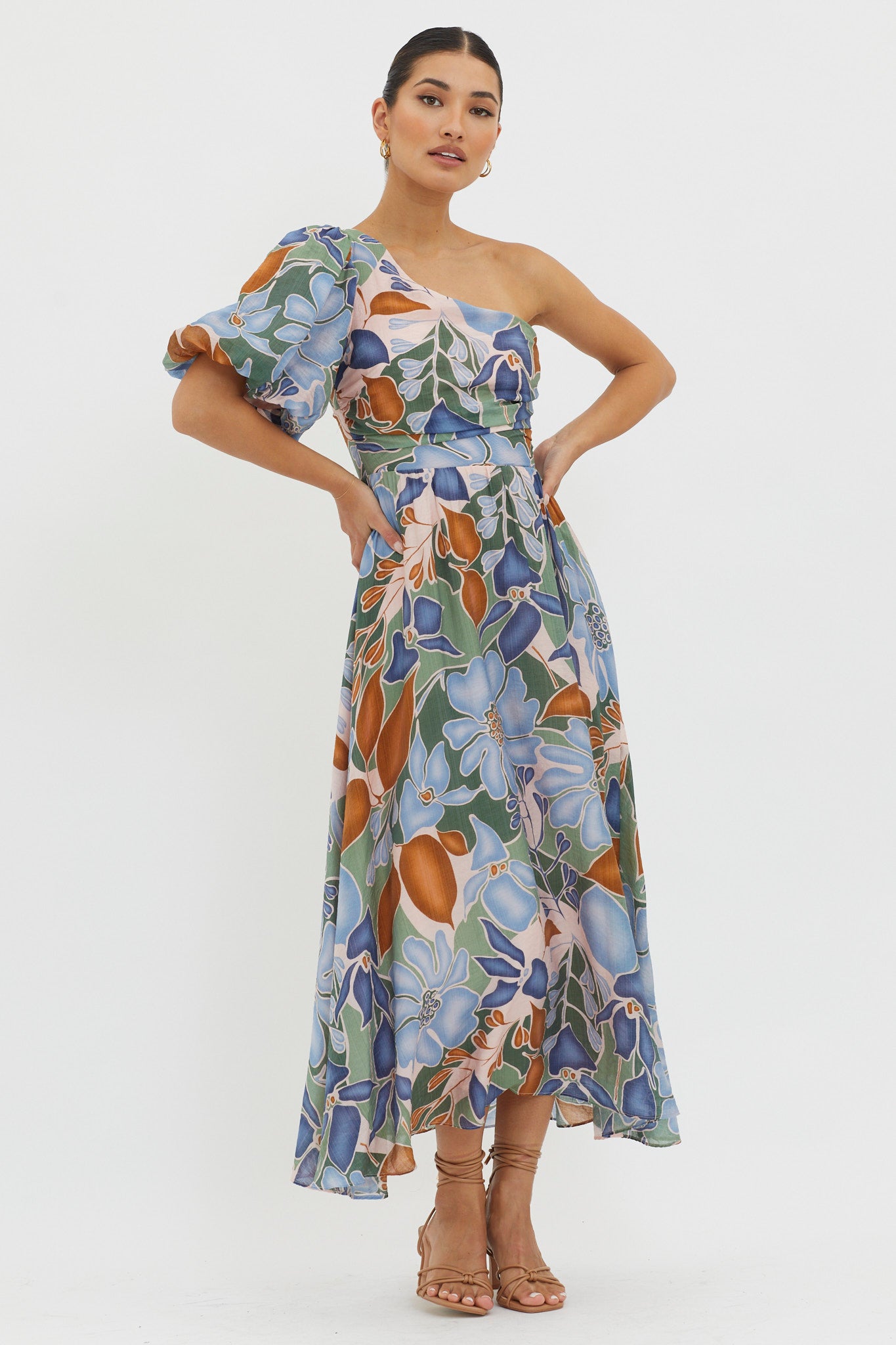 Jayni Puffed One Shoulder Midi Dress Blue by Selfie Leslie