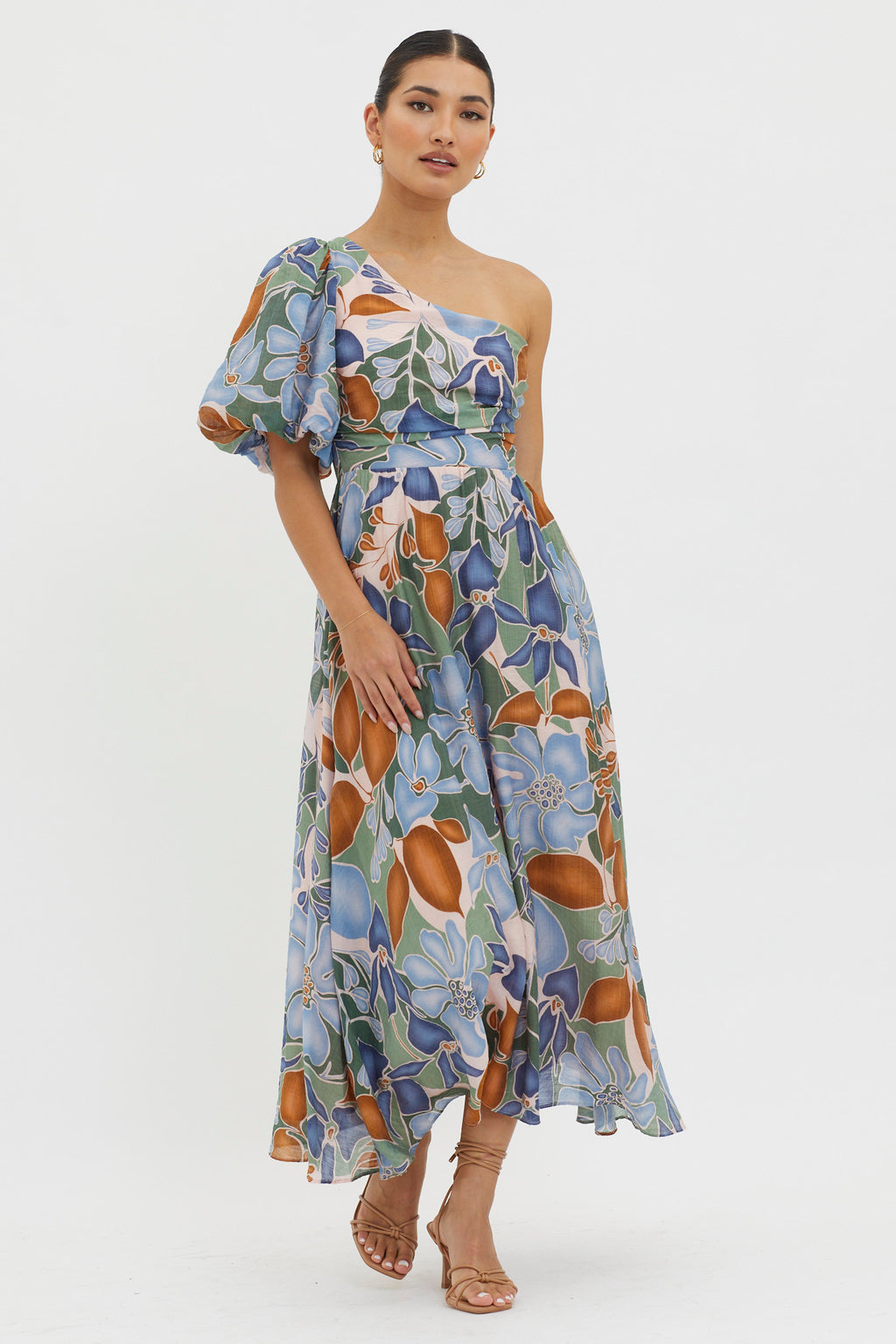 Jayni Puffed One Shoulder Midi Dress Blue by Selfie Leslie