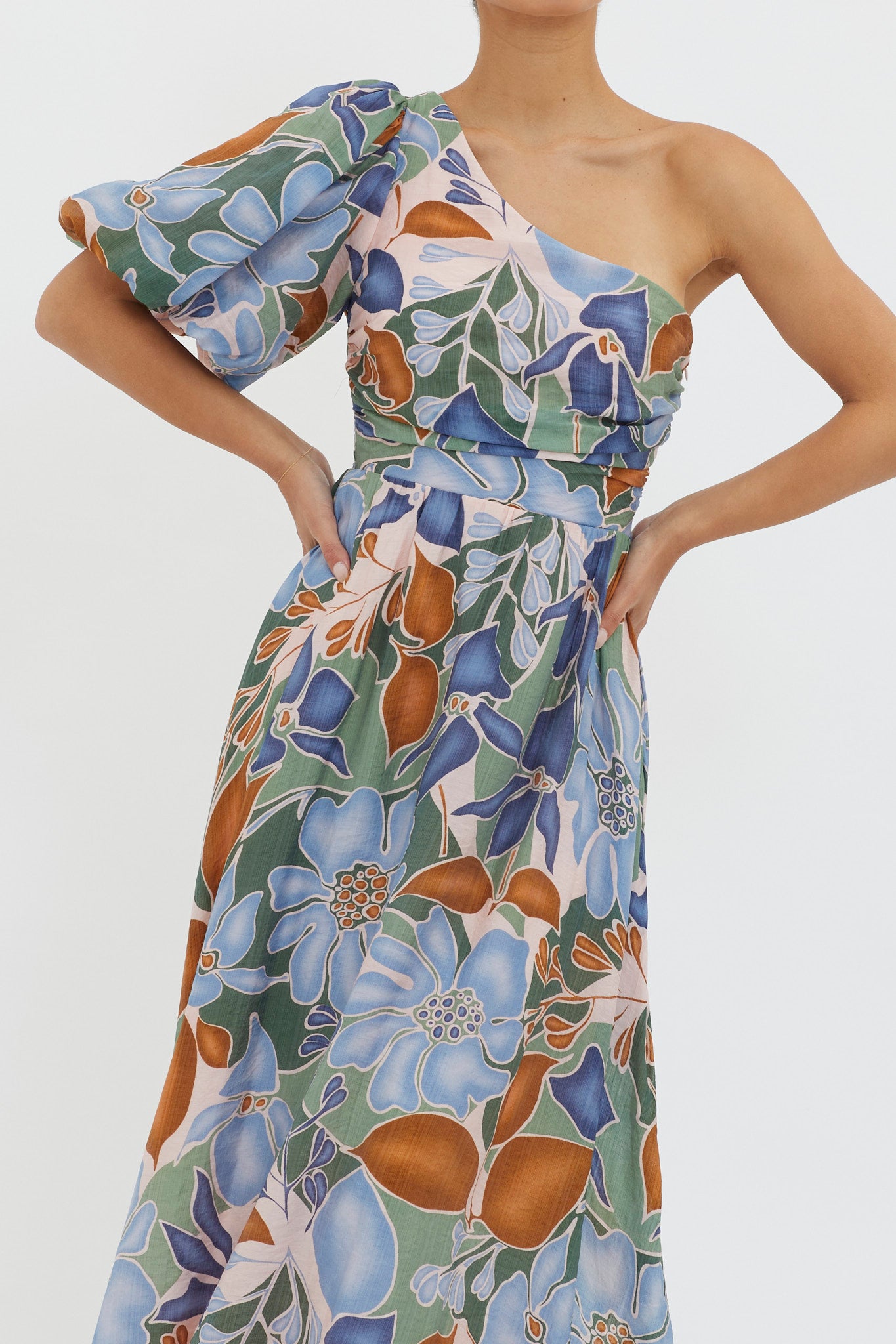 Jayni Puffed One Shoulder Midi Dress Blue by Selfie Leslie
