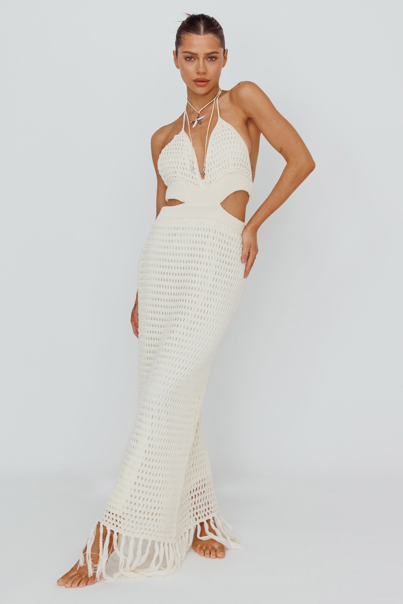 Lelei Crochet Open Back Maxi Dress Beige by Selfie Leslie