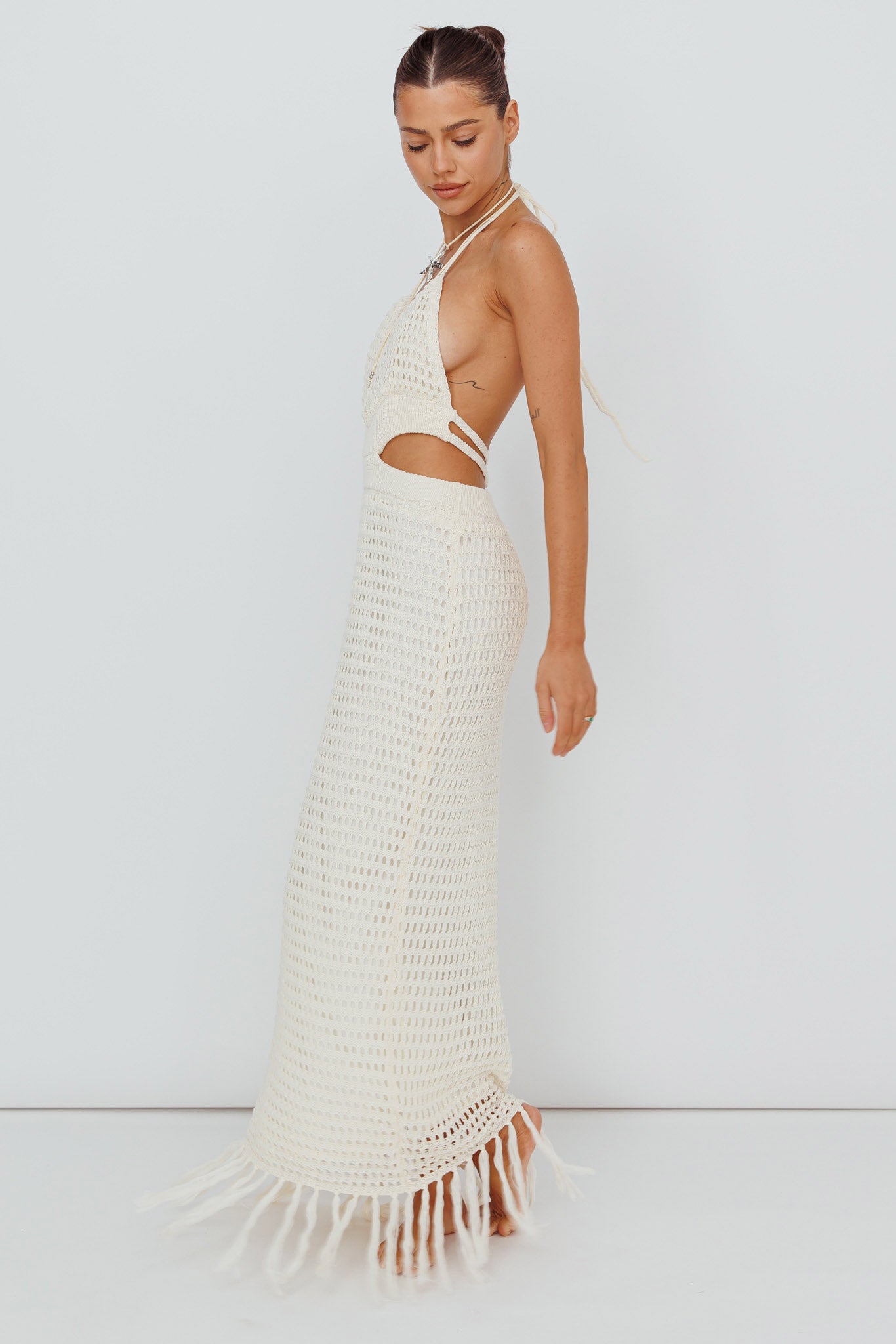 Lelei Crochet Open Back Maxi Dress Beige by Selfie Leslie