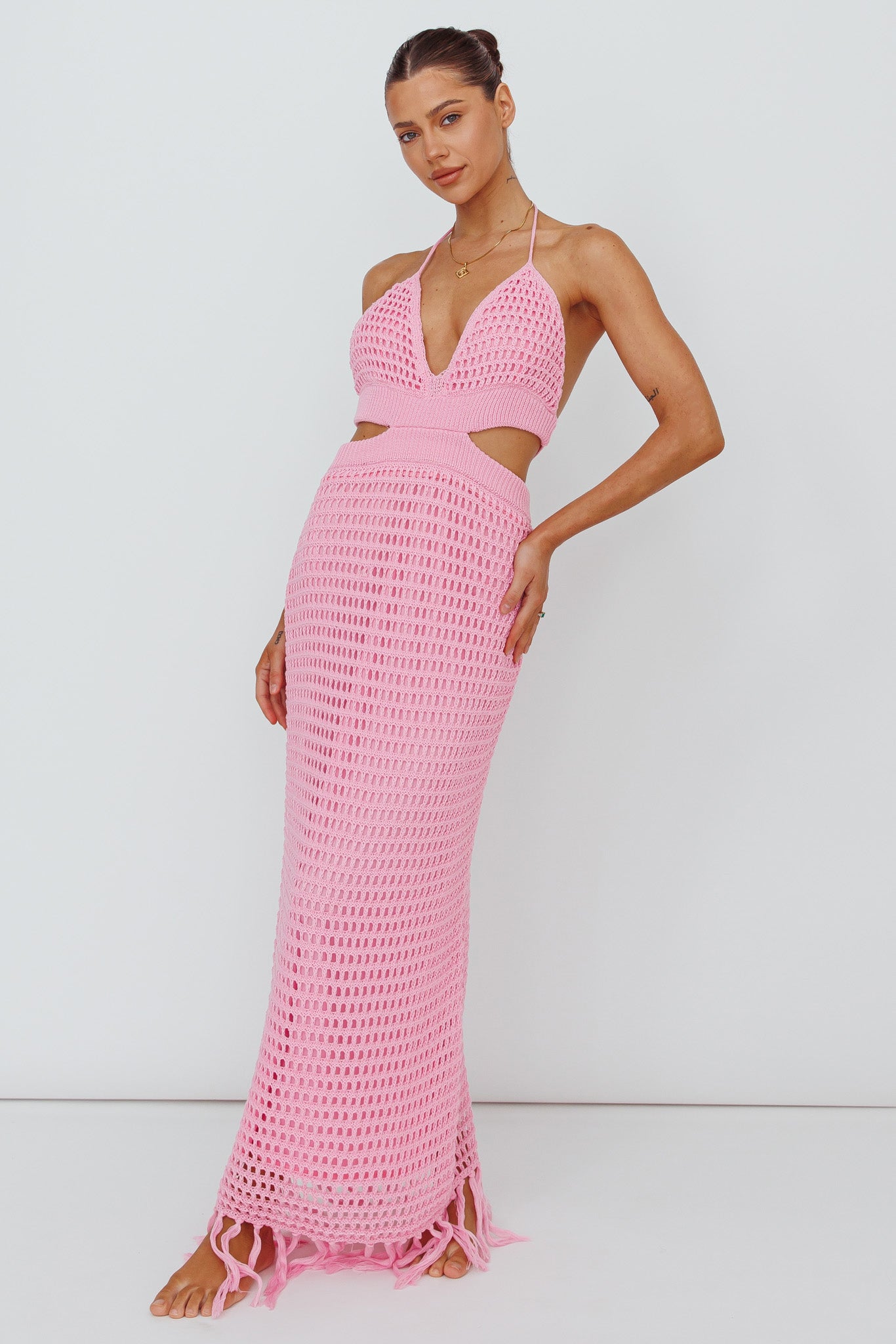 Lelei Crochet Open Back Maxi Dress Pink by Selfie Leslie
