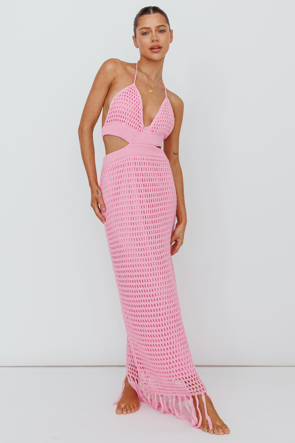 Lelei Crochet Open Back Maxi Dress Pink by Selfie Leslie
