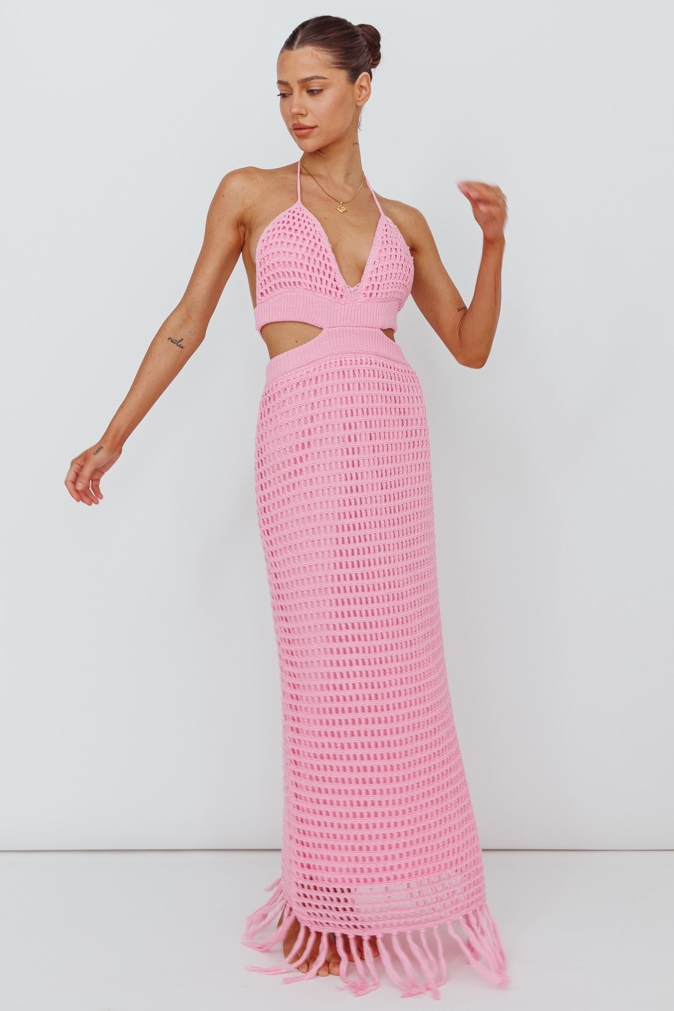 Lelei Crochet Open Back Maxi Dress Pink by Selfie Leslie