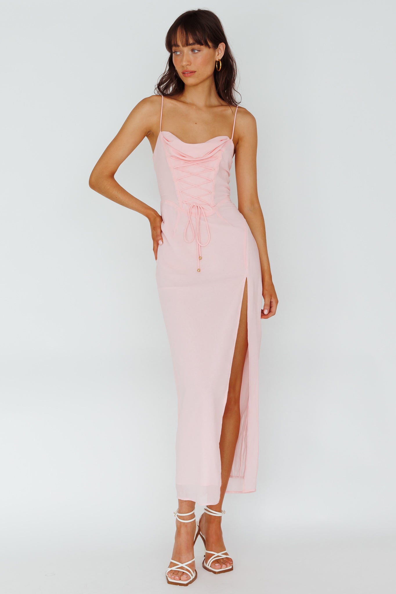 Ryanna Laced Bodice Split Midi Dress Pink by Selfie Leslie