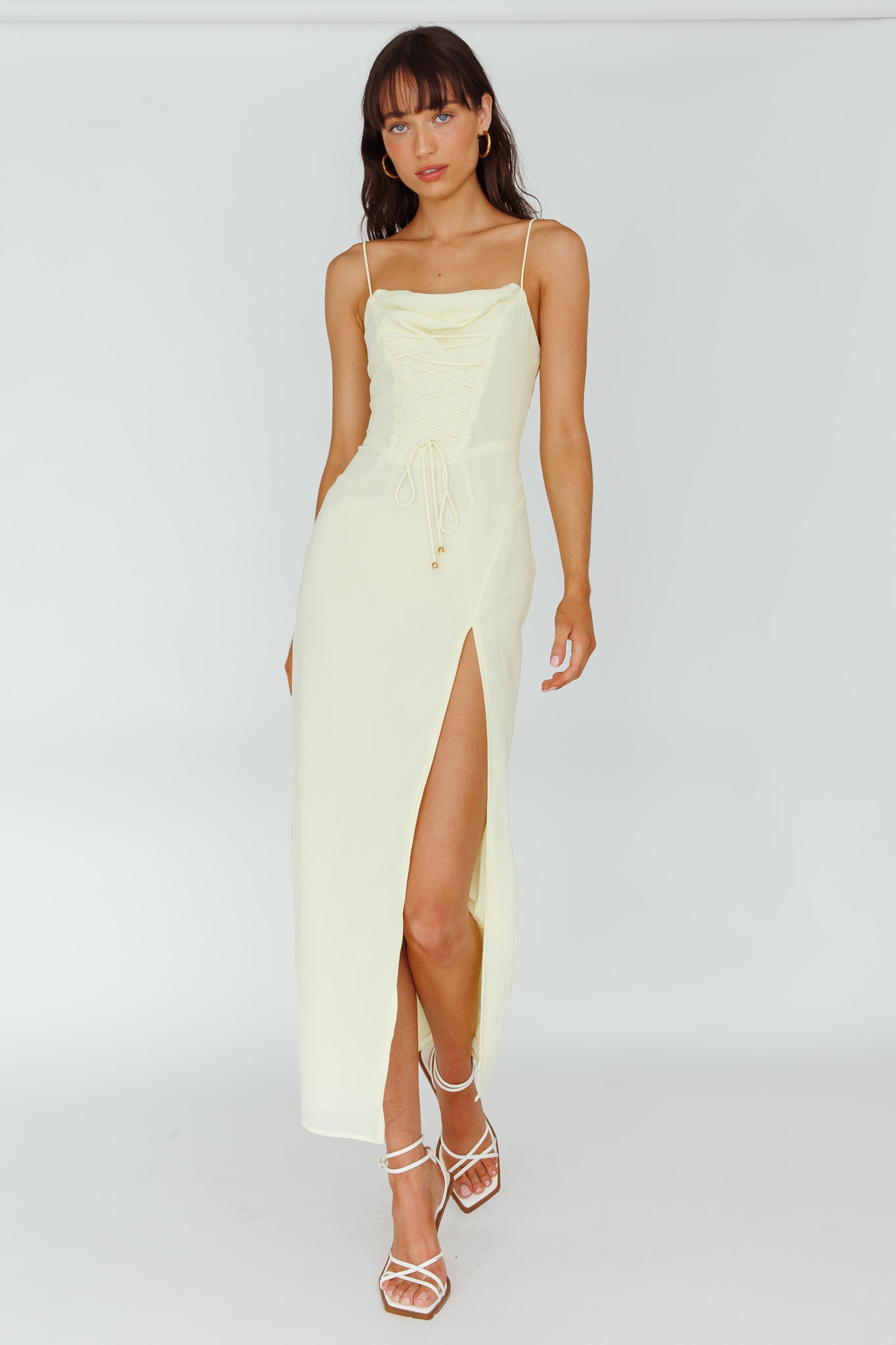 Ryanna Laced Bodice Split Midi Dress Yellow by Selfie Leslie