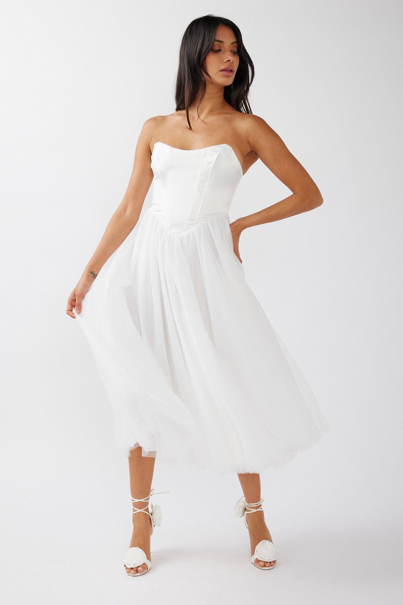 Rosemary Tulle Bustier Midi Dress White by Selfie Leslie