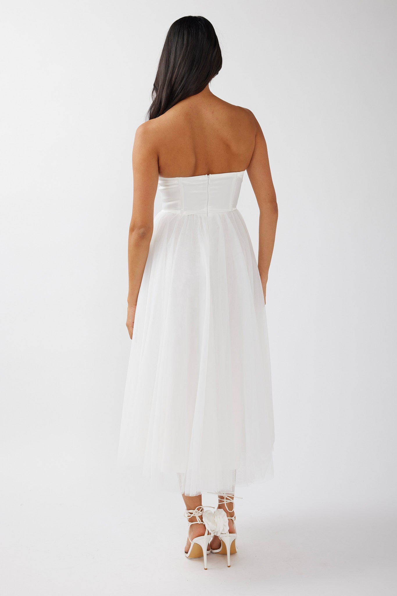 white bustier midi dress Rosemary Tulle Bustier Midi Dress White