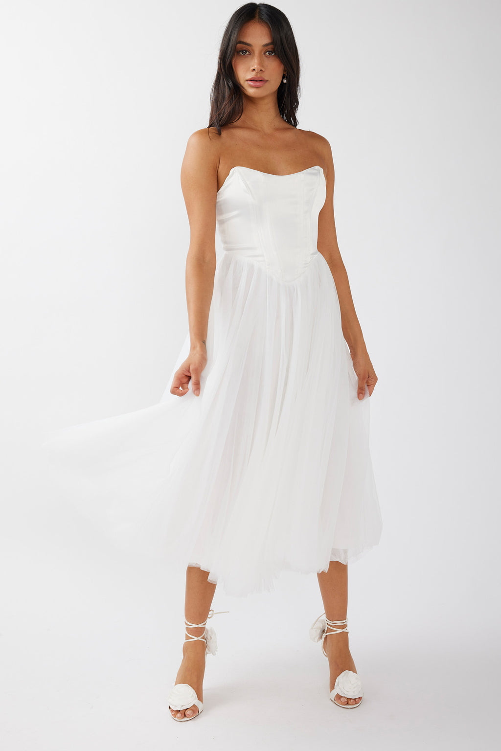Rosemary Tulle Bustier Midi Dress White by Selfie Leslie