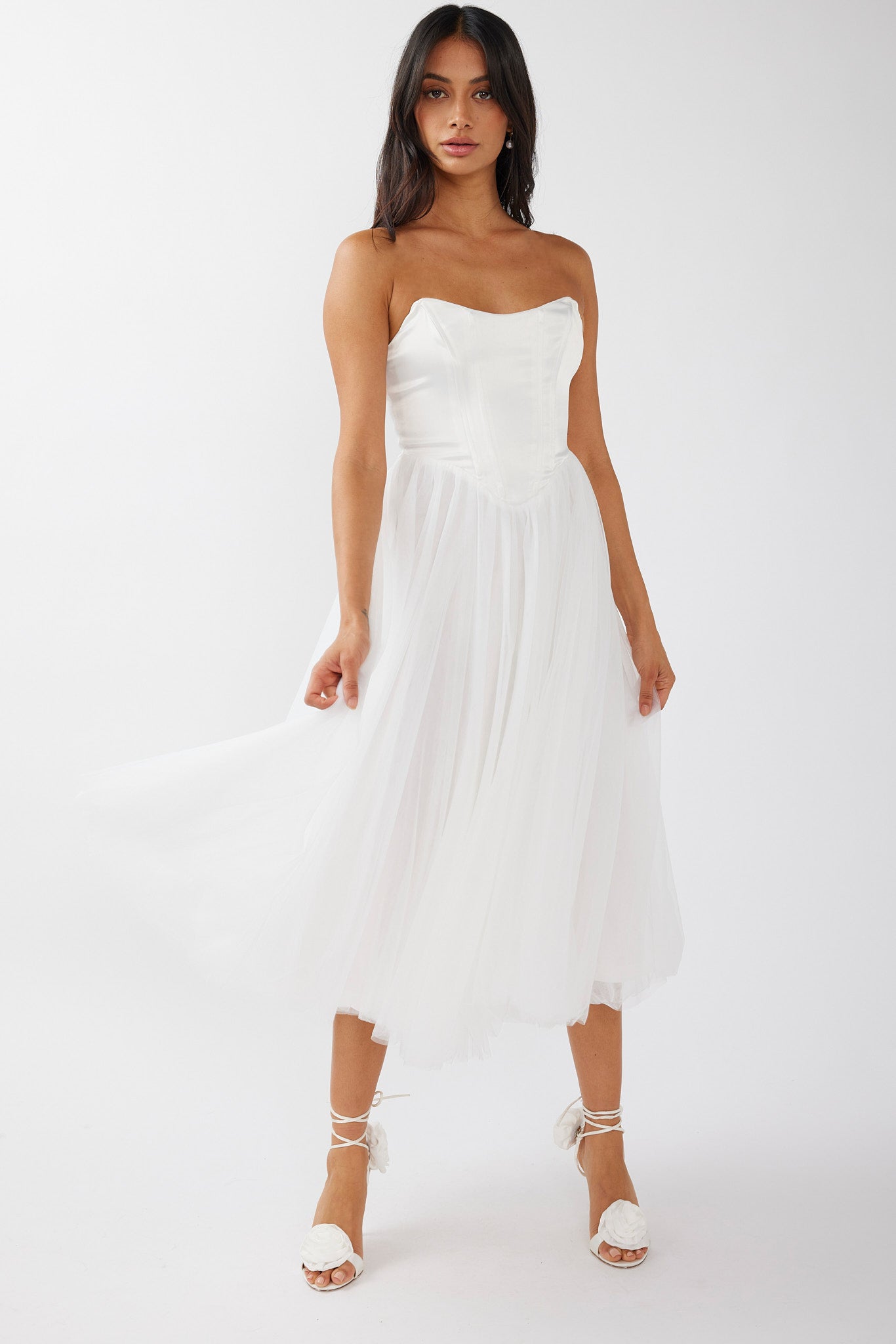 ballerina bustier midi dress Rosemary Tulle Bustier Midi Dress White