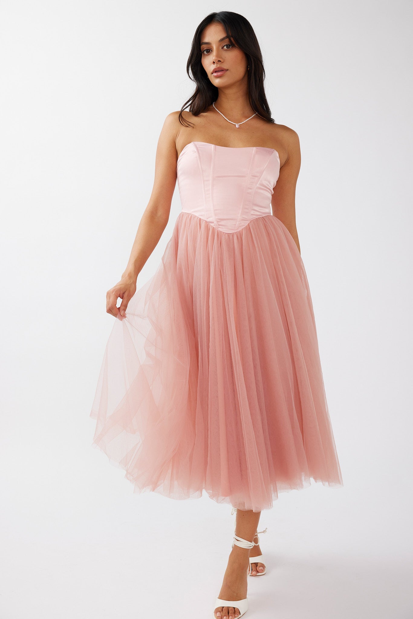 Shop the Rosemary Tulle Bustier Midi Dress Pink