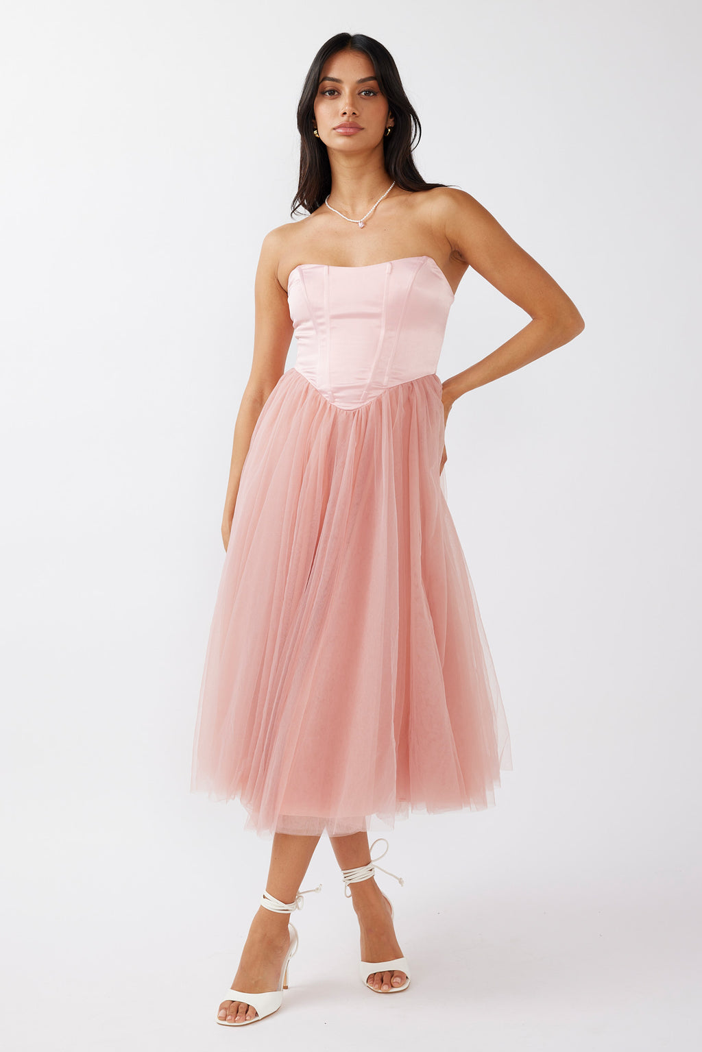 Rosemary Tulle Bustier Midi Dress Pink by Selfie Leslie