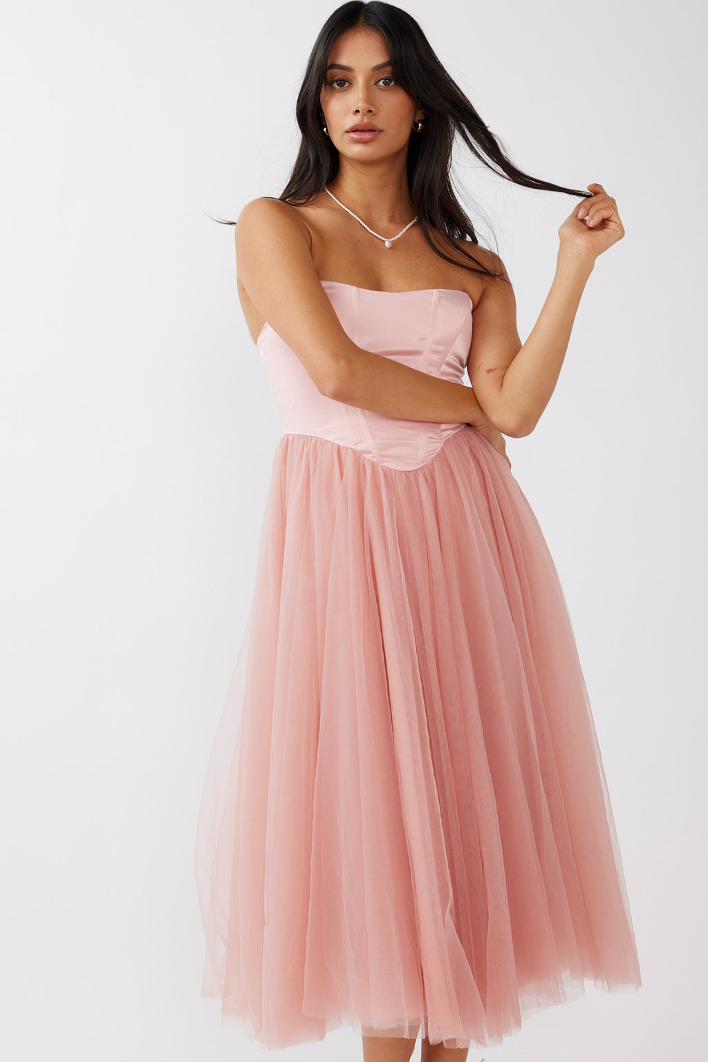 Rosemary Tulle Bustier Midi Dress Pink by Selfie Leslie